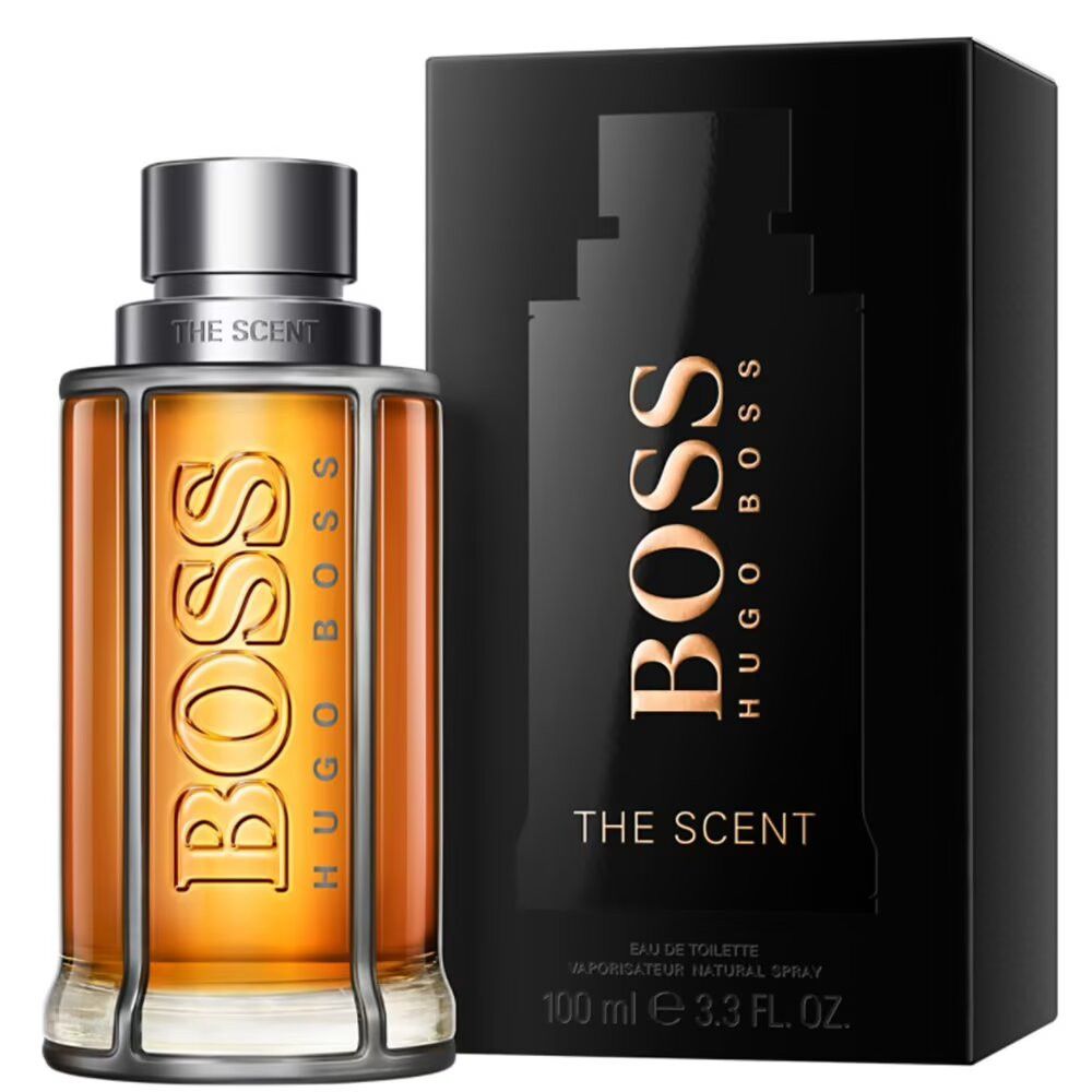 Hugo Boss The Scent Flakon und Verpackung. Flakon mit schwarzer Verpackung. Aufschrift BOSS, THE SCENT und 100 ml.