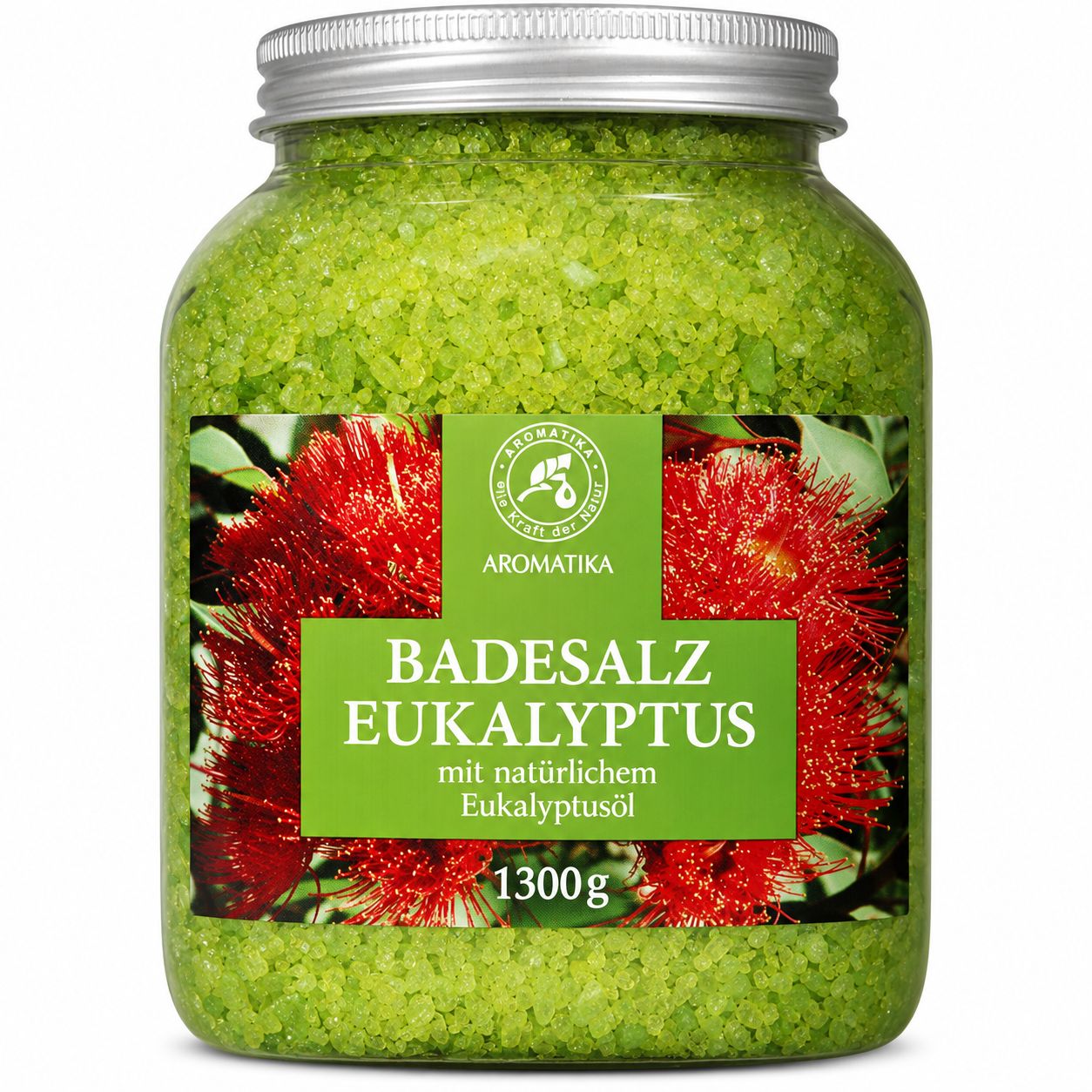 Aromatica Bade-Salz Eukalyptus: Großes Glas mit grünem Badesalz und roter Blüten-Dekoration.