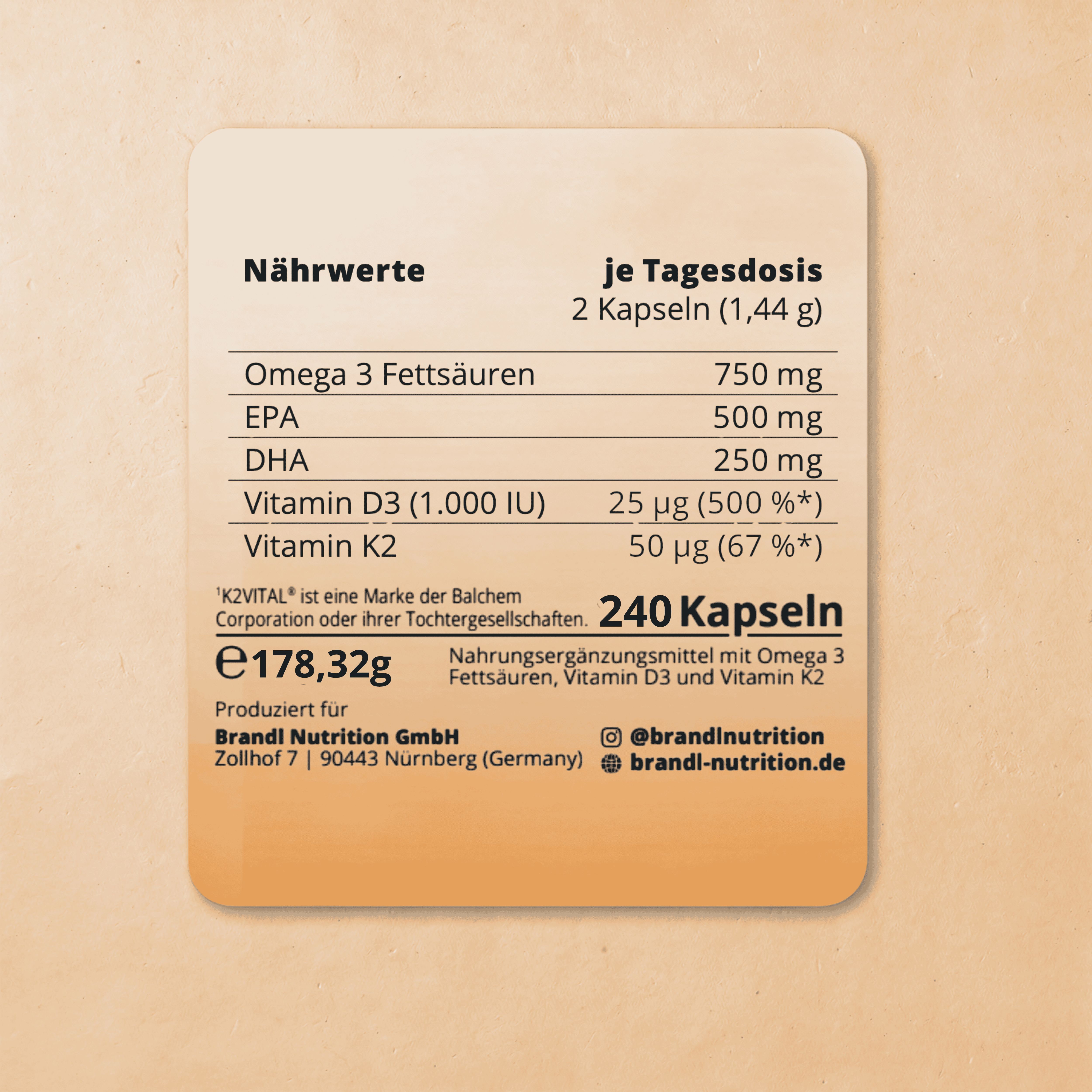 Nährwerttabelle mit Angaben zu Omega 3 Fettsäuren, Vitamin D3 und K2. 240 Kapseln. Produziert für Brandl Nutrition GmbH.