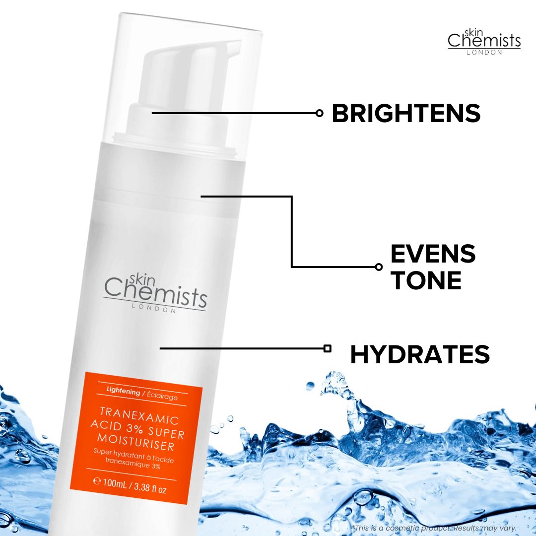 Flasche mit Pumpspender, Tranexamsäure 3% Super Moisturiser. Hydriert, gleicht den Hautton aus und hellt auf.