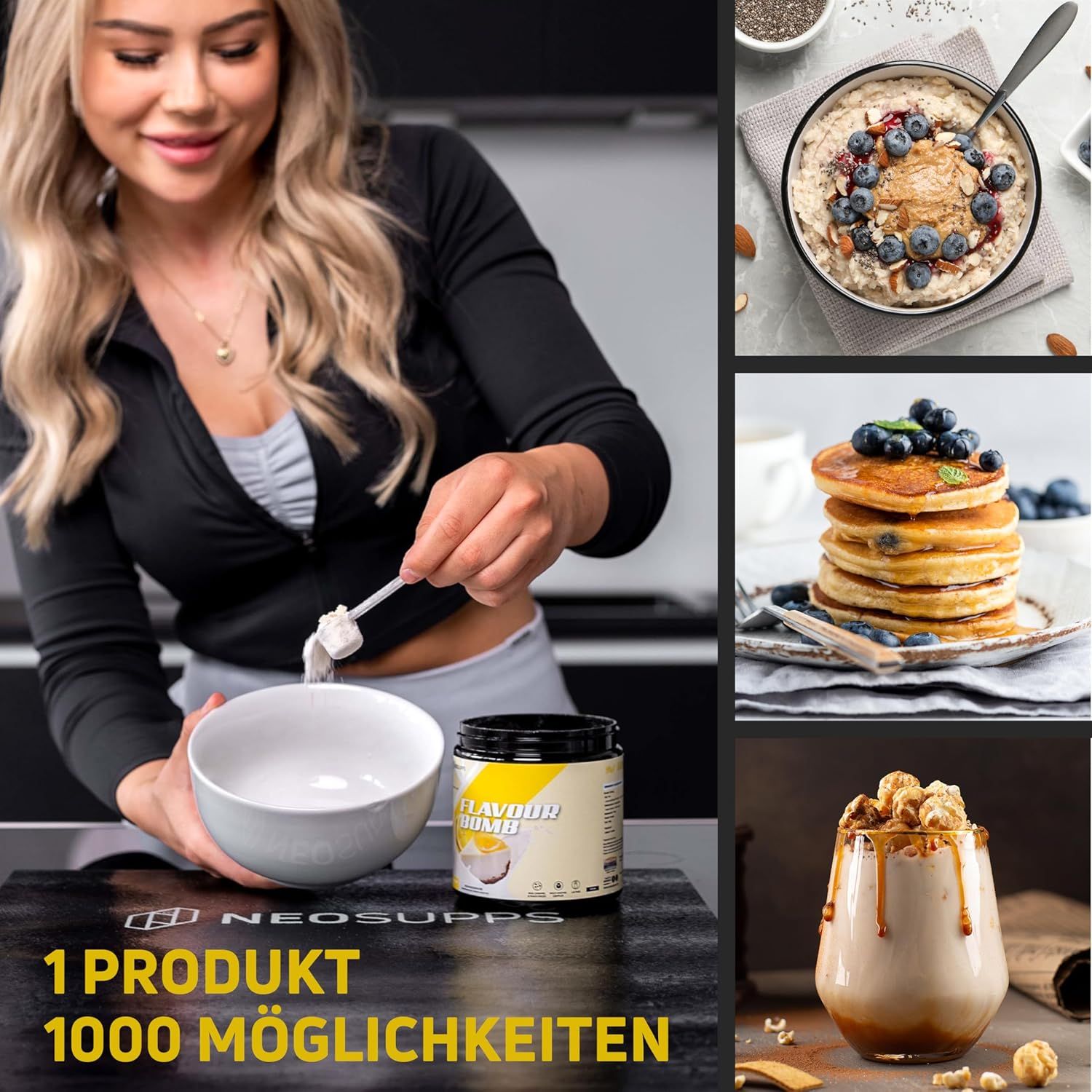 Frau mit Schüssel und Löffel. Dose "FLAVOUR BOMB" daneben. Mehrere Gerichte mit dem Produkt. Text: 1 Produkt, 1000 Möglichkeiten.