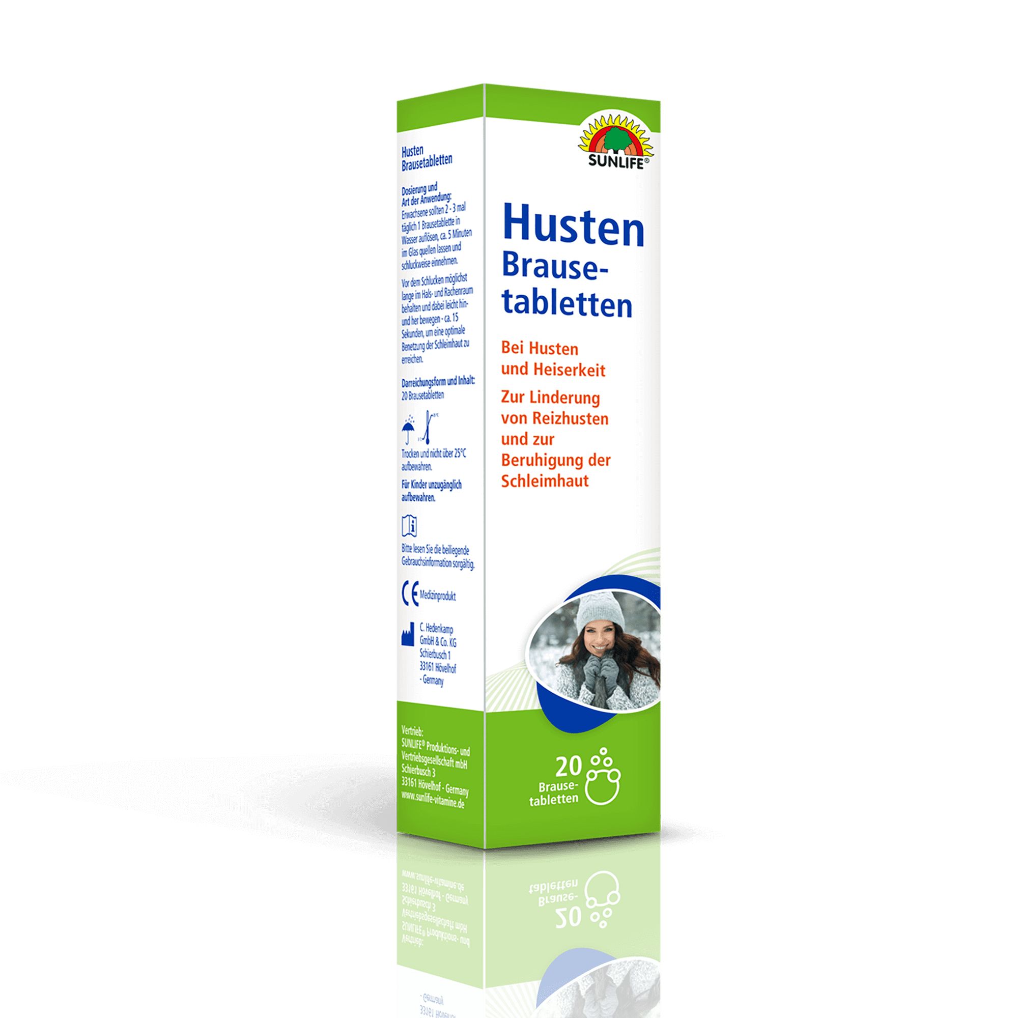 Grüne und weiße Schachtel mit SUNLIFE-Logo und Husten Brausetabletten. Enthält 20 Brausetabletten. Abbildung einer Frau im Winter.