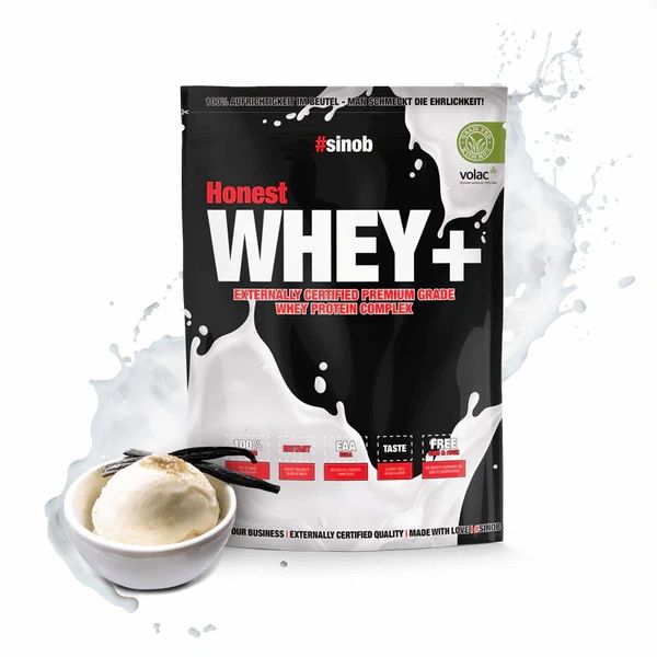 Sinob Honest Whey+ Beutel. Schwarz-weiß, mit Produktnamen und Logo. Vanilleeis in Schale, Vanilleschote.