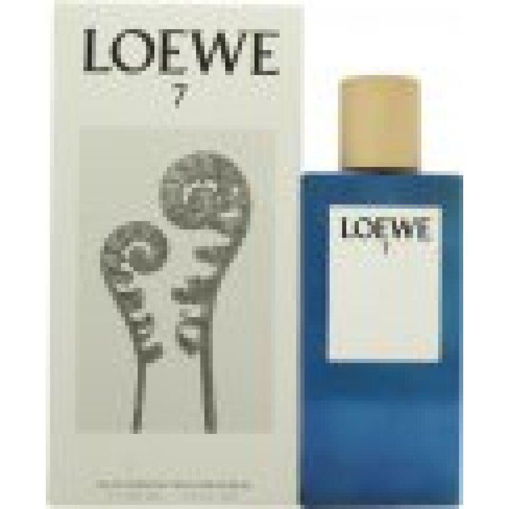 Blaues Parfümflakon und Verpackung. Aufschrift "LOEWE 7". Die Verpackung zeigt eine Illustration von Farnen.