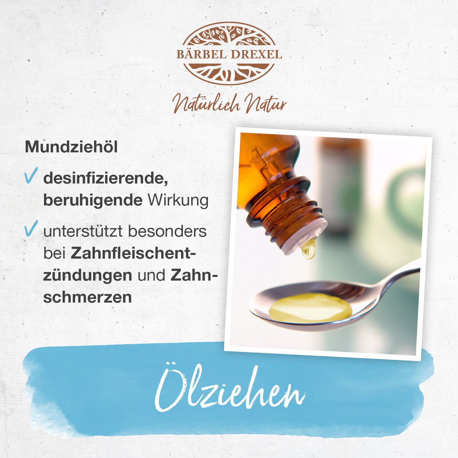 Produktabbildung mit Tropfen auf Löffel. Text: desinfizierend, beruhigend, unterstützt bei Zahnfleischentzündungen.