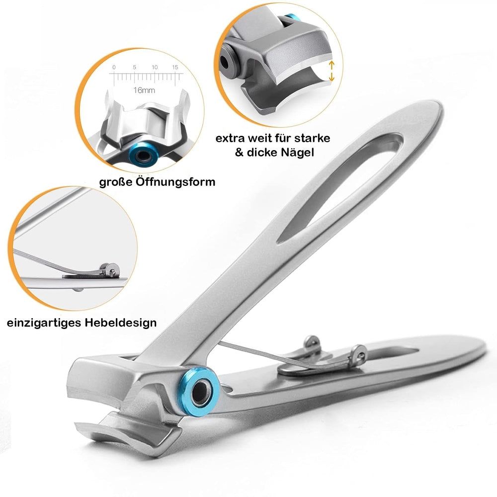 Nagelknipser aus Metall mit blauem Akzent. Details zeigen große Öffnungsform und einzigartiges Hebeldesign. Text: extra weit für starke & dicke Nägel.