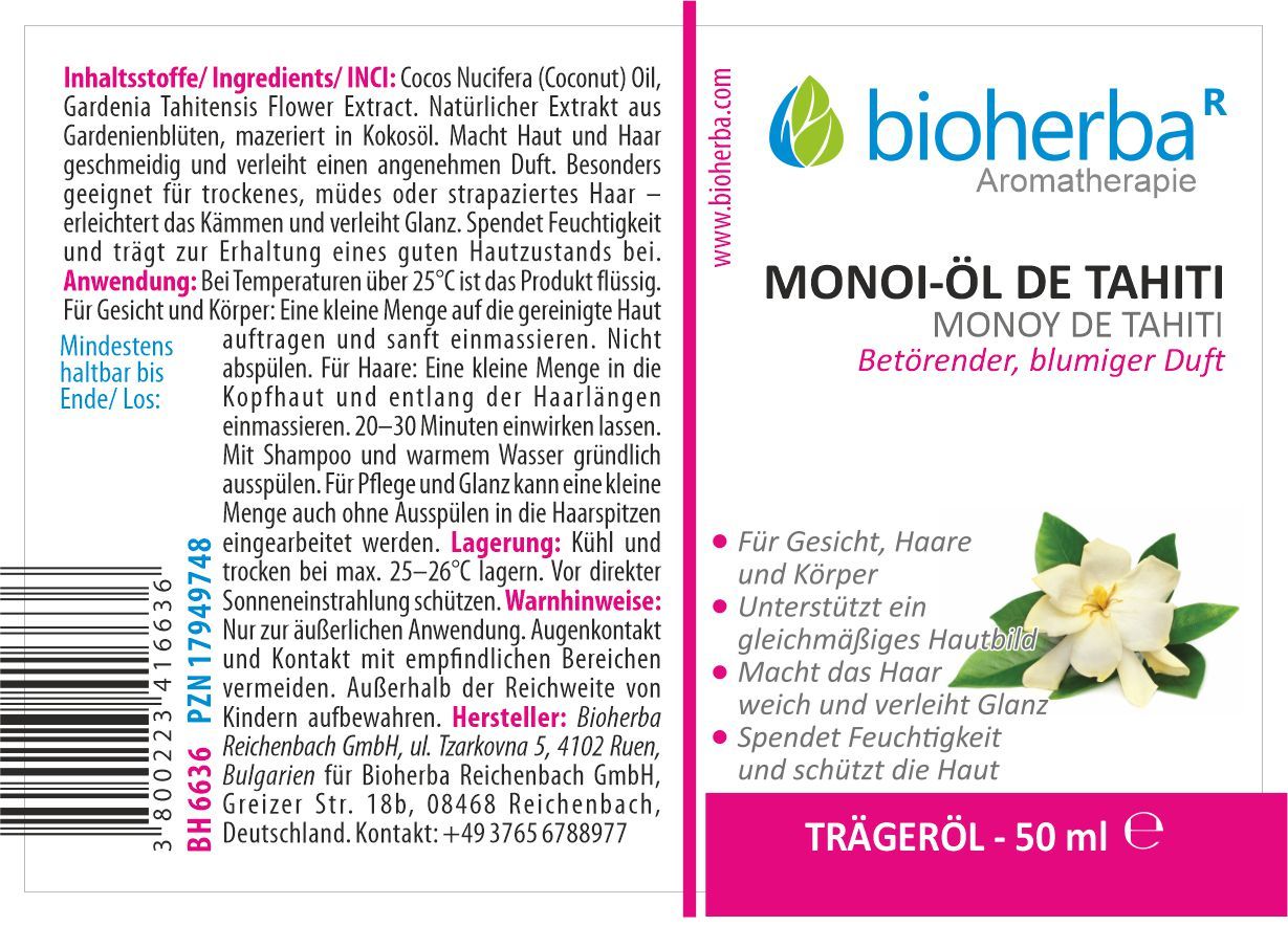 Produktetikett mit Text und Logo. Enthält Informationen zu Inhaltsstoffen, Anwendung und Hersteller. Text: Monoi-Öl de Tahiti, Trägeröl.