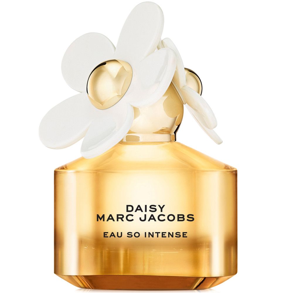 Parfümflakon mit weißer Blüte. Aufschrift: Daisy Marc Jacobs Eau So Intense.