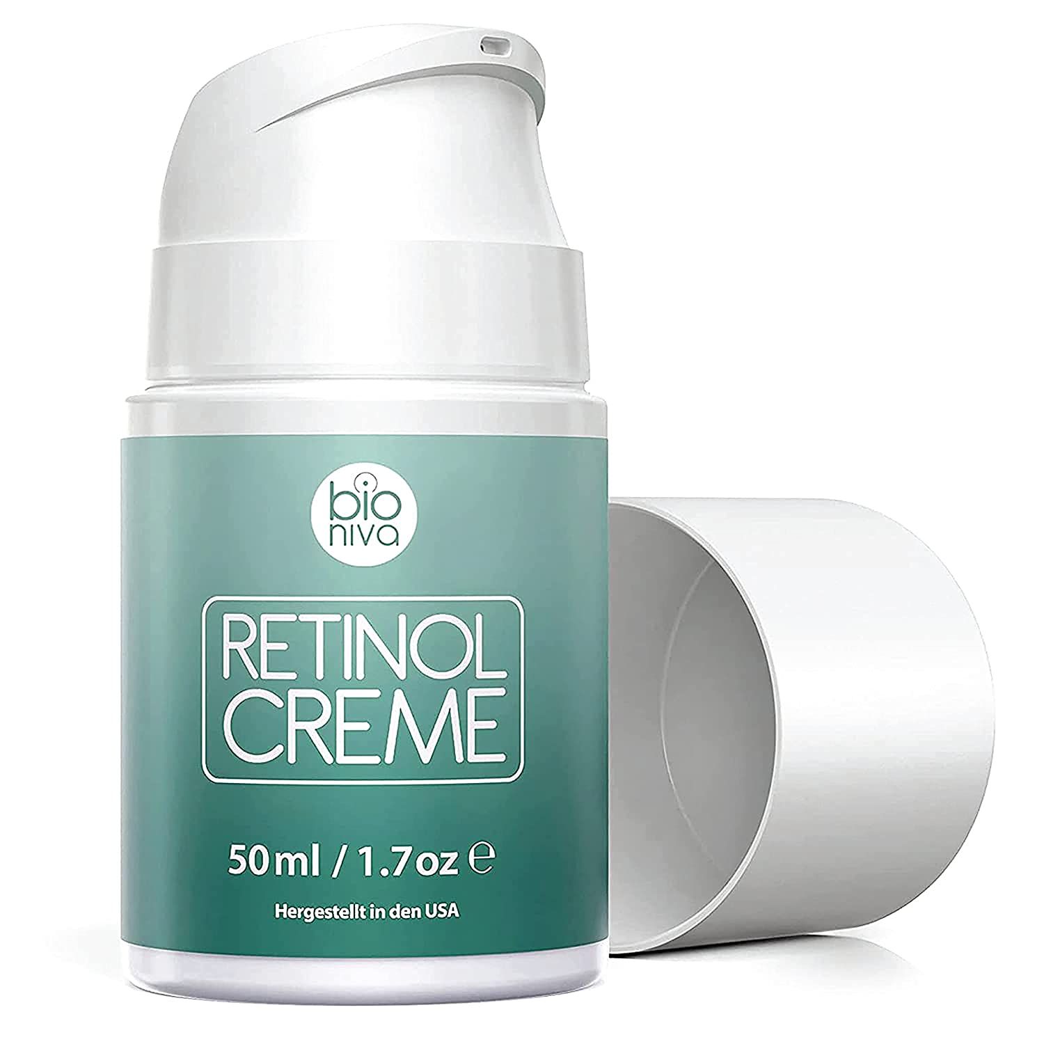 Creme-Spender mit "Retinol Creme"-Aufdruck. 50ml/1.7oz. "bio niva"-Logo. Weißer Deckel daneben.