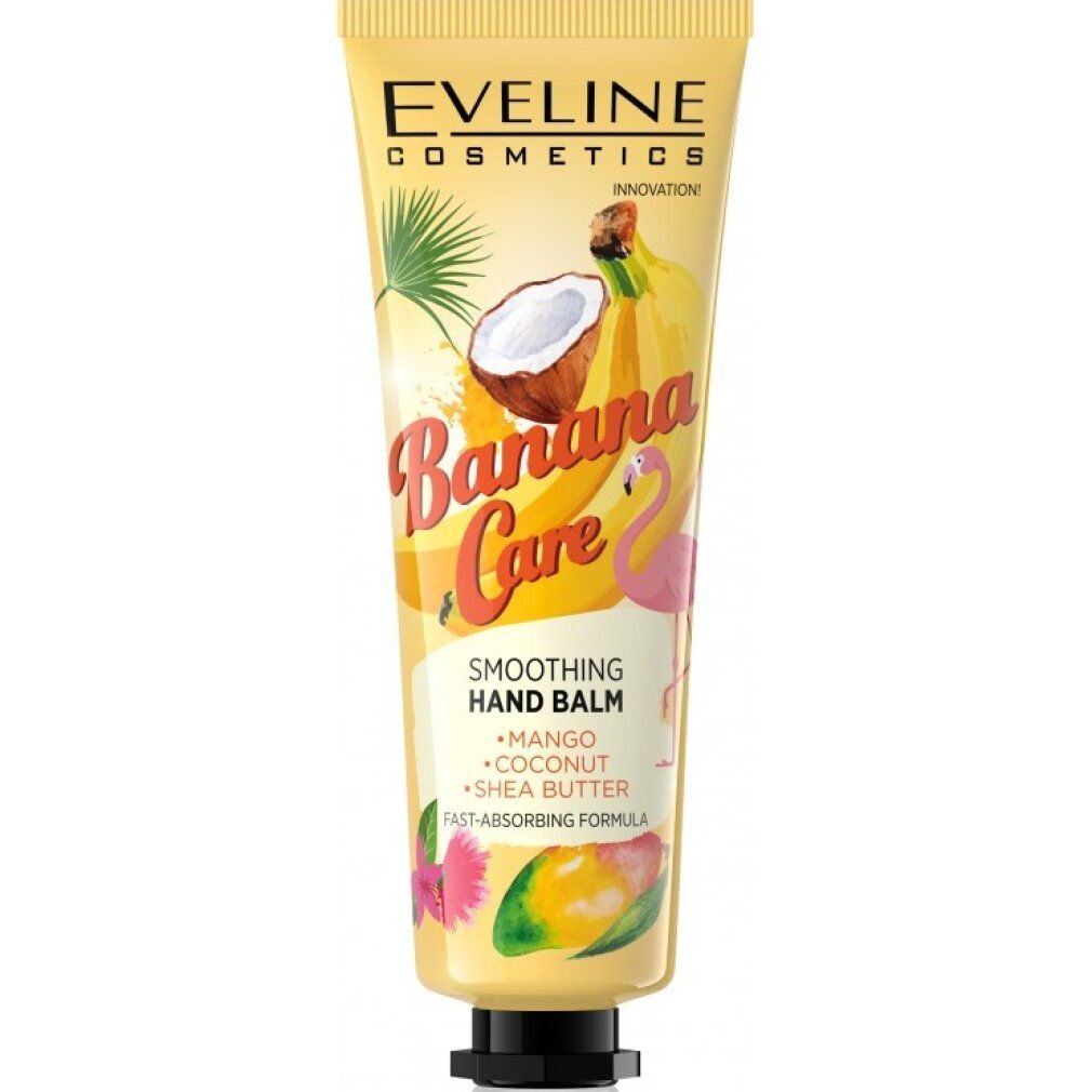 Gelbe Tube mit Aufdruck. "EVELINE COSMETICS" und "Banana Care" Schriftzug. Abbildung von Banane, Kokosnuss und Flamingo. Schwarzer Verschluss.