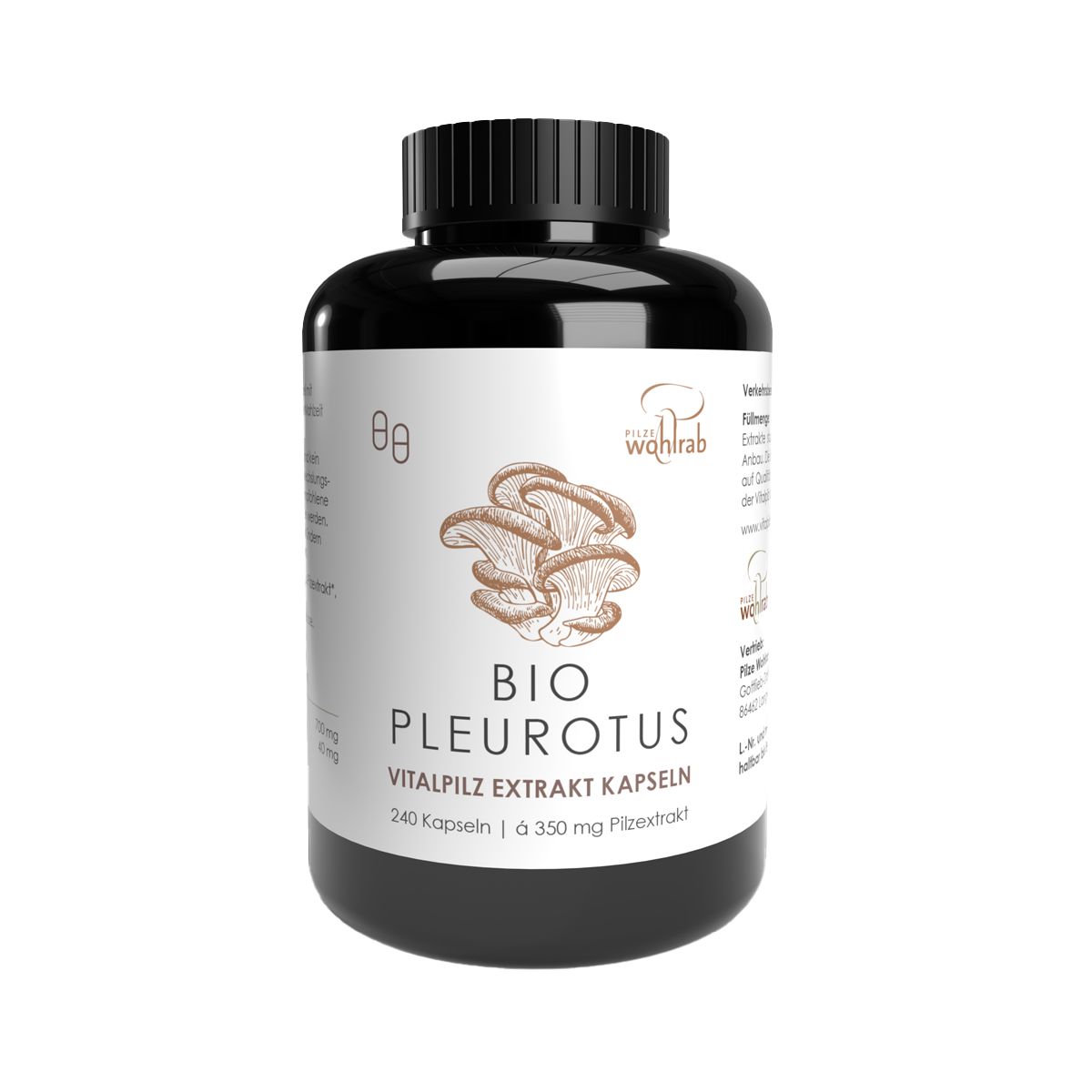 Schwarze Dose mit Vitalpilz Extrakt Kapseln (Bio Pleurotus), 240 Kapseln.
