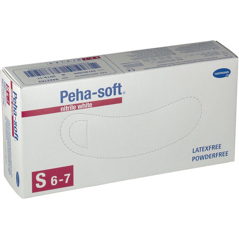 Weiße Box mit Peha-soft Nitril-Handschuhen. Größe S 6-7. Latex- und puderfrei. Hartmann Logo.
