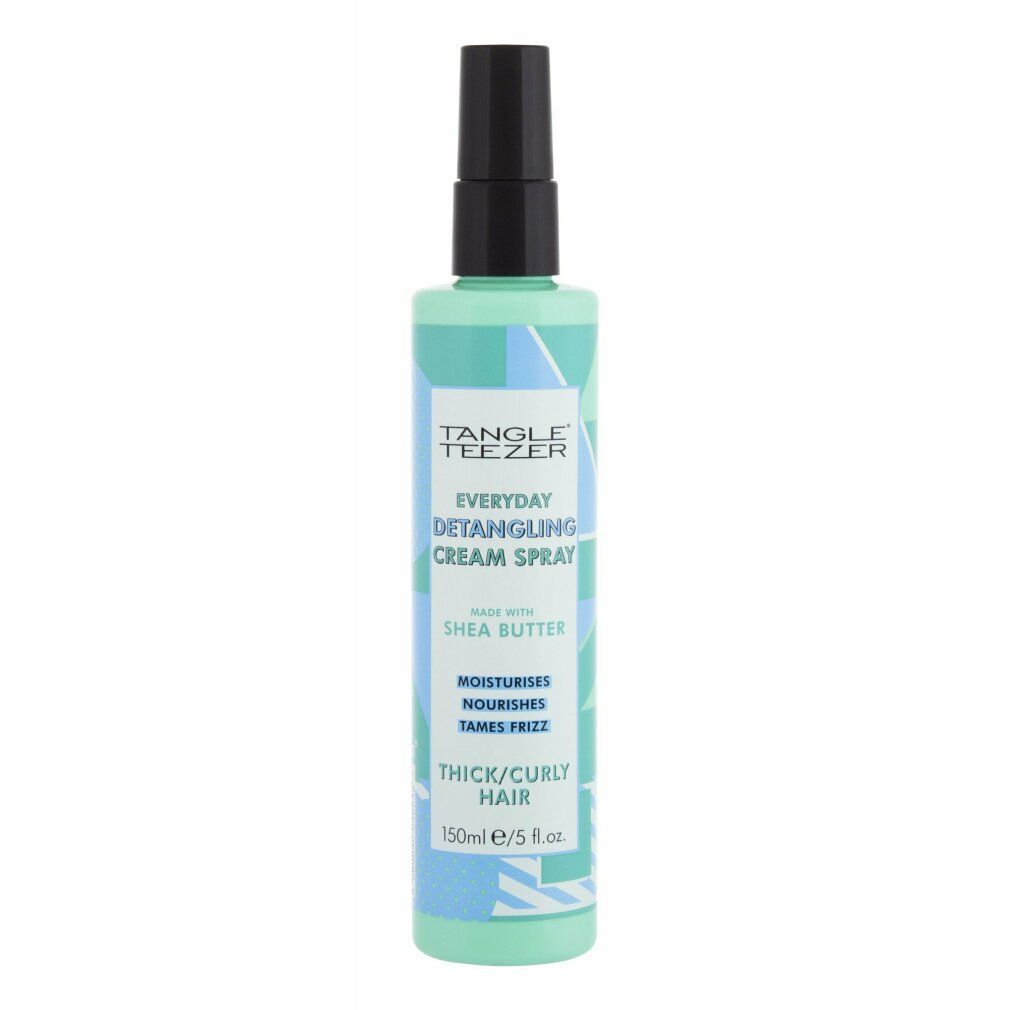 Grüne Sprühflasche mit schwarzem Sprühkopf. Aufschrift: Tangle Teezer, Everyday Detangling Cream Spray, für dickes/lockiges Haar.