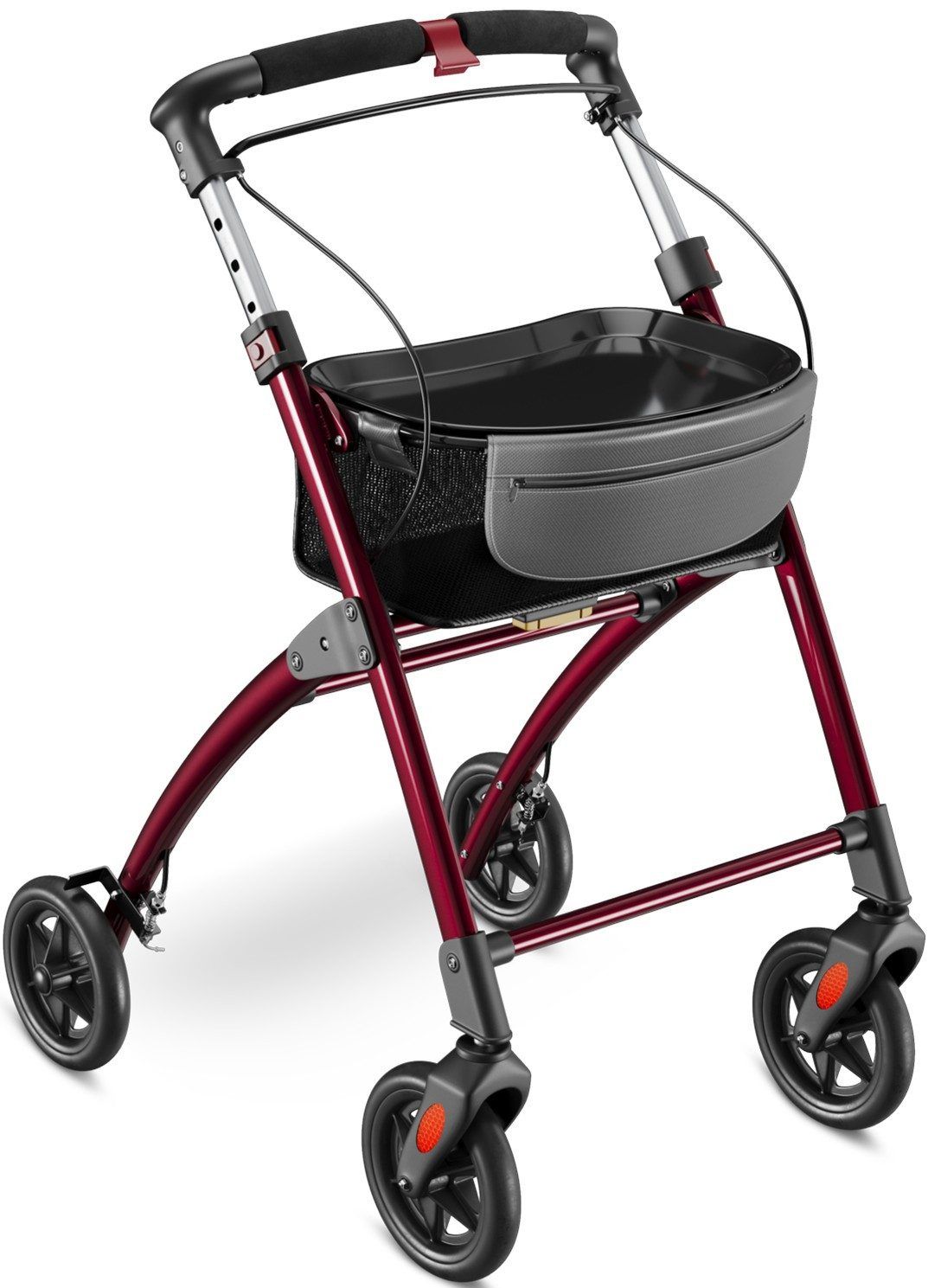 Rollator mit Aluminiumrahmen, Feststellbremse und abnehmbarem Tablett. Vier Räder, roter Rahmen, schwarze Griffe und Korb.