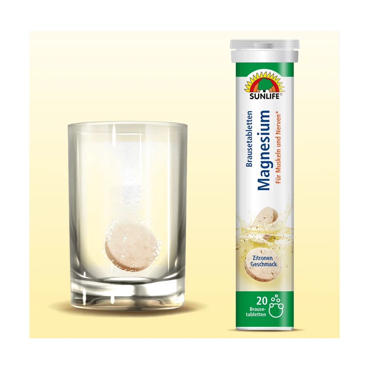 Glas mit Wasser und eine Brausetablette, daneben eine Tube Sunlife Magnesium Brausetabletten. Aufschrift: Magnesium, Zitronen Geschmack.