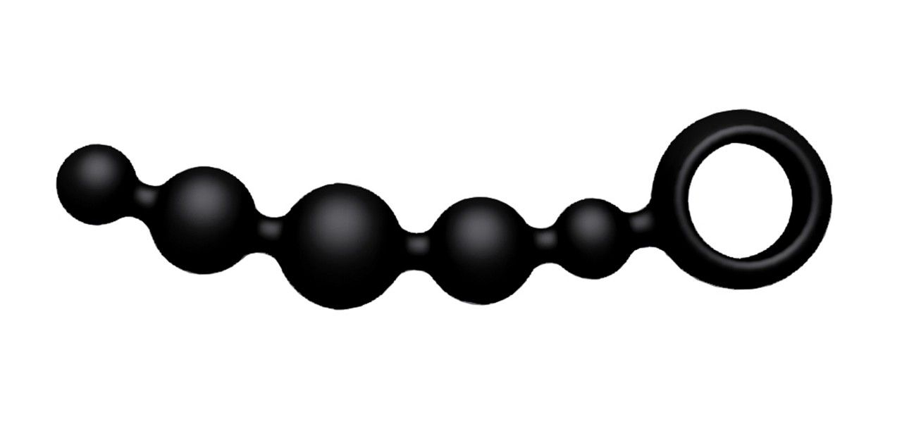Schwarze Analkugeln mit Ring. Mehrere Kugeln unterschiedlicher Größe.