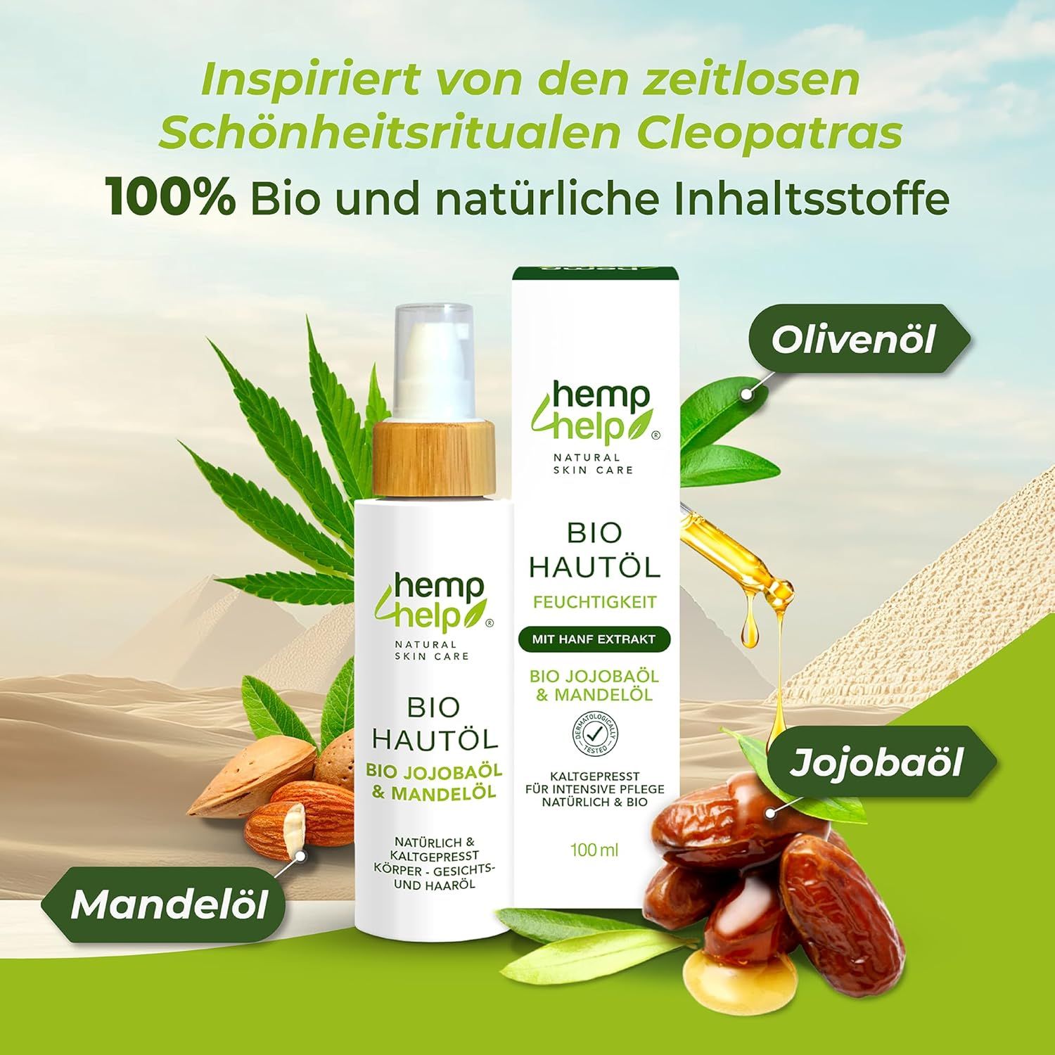 Hautöl-Flasche mit Sprühkopf und Verpackung. Olivenöl, Jojobaöl, Mandelöl. Aufschrift: Bio Hautöl, mit Hanf Extrakt. Hintergrund: Pyramiden.