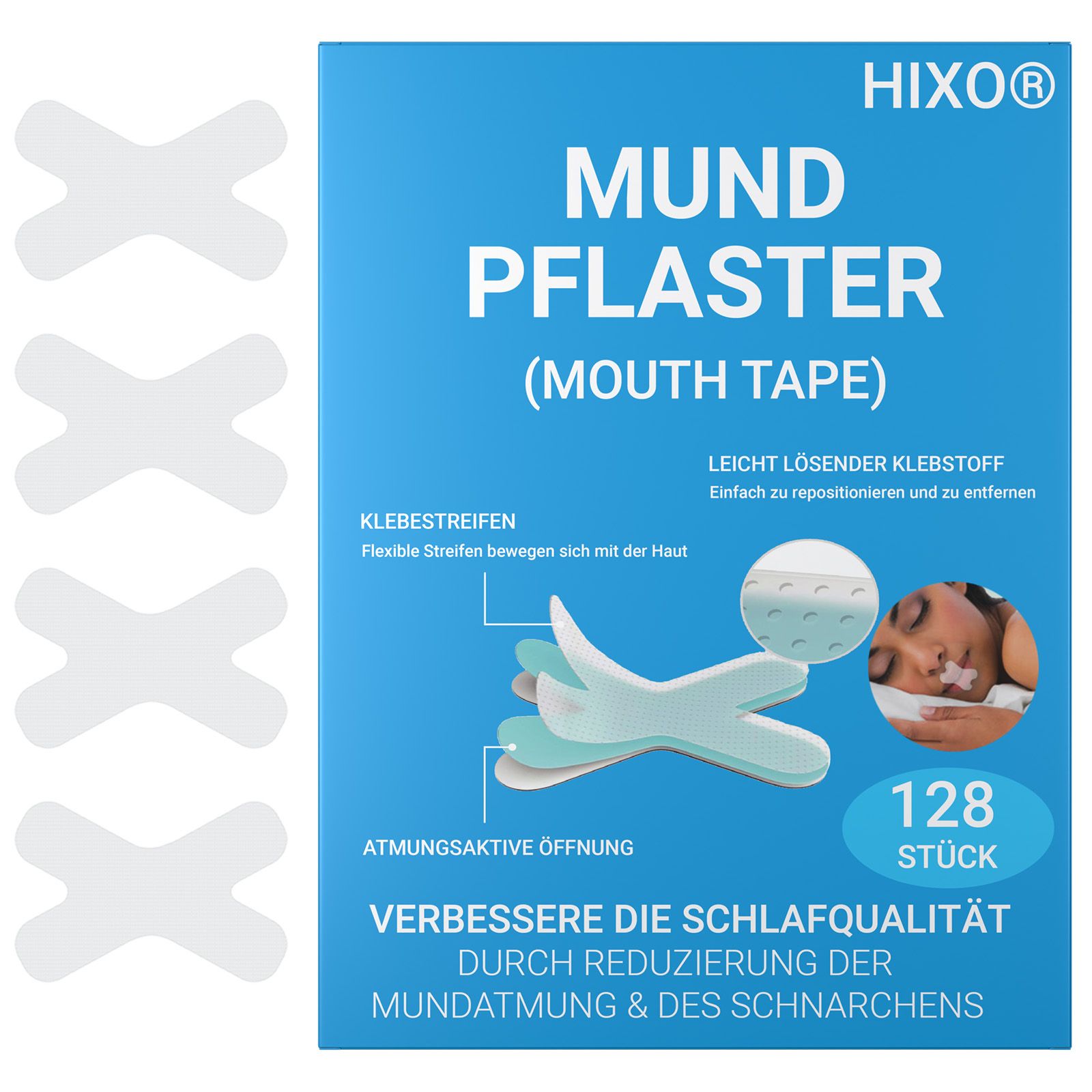 Packung HIXO Mundpflaster mit 128 Stück. Weiße, X-förmige Pflaster. Text: Mundpflaster, verbessert Schlafqualität.