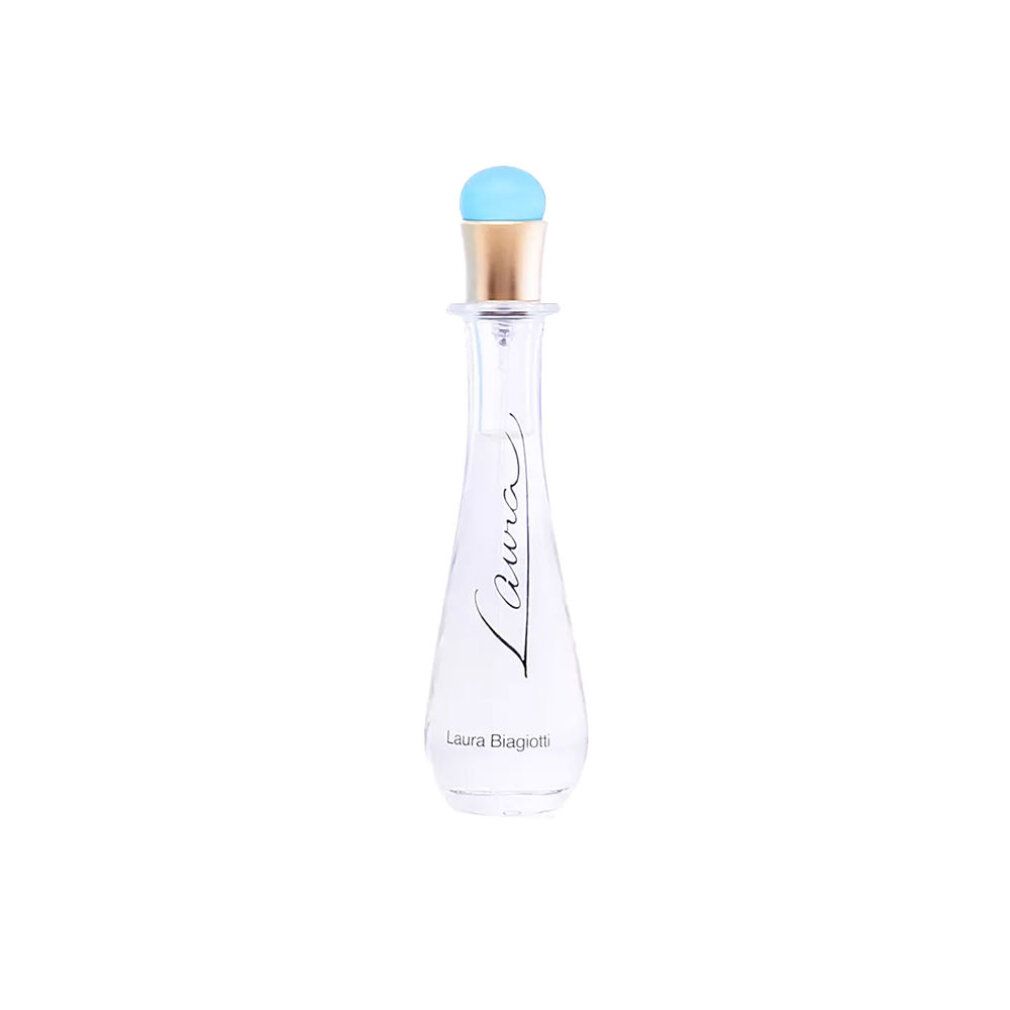 Parfümflasche mit blauem Deckel und goldener Kappe. Schriftzug "Laura" auf der Flasche.