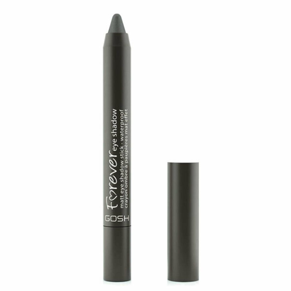 Gosh Forever Matt Eyeshadow 12 Dark Grey. Dunkelgrauer Lidschattenstift mit abgenommenem Deckel. Produktname und Marke sichtbar.