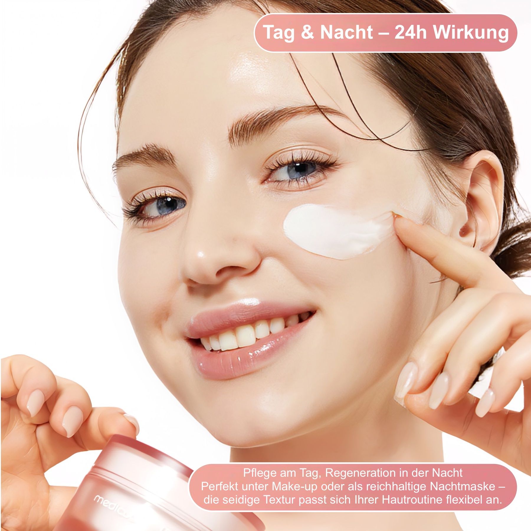 Frau trägt Creme auf. Text: Tag & Nacht - 24h Wirkung. Pflege am Tag, Regeneration in der Nacht. Creme-Dose im Bild.