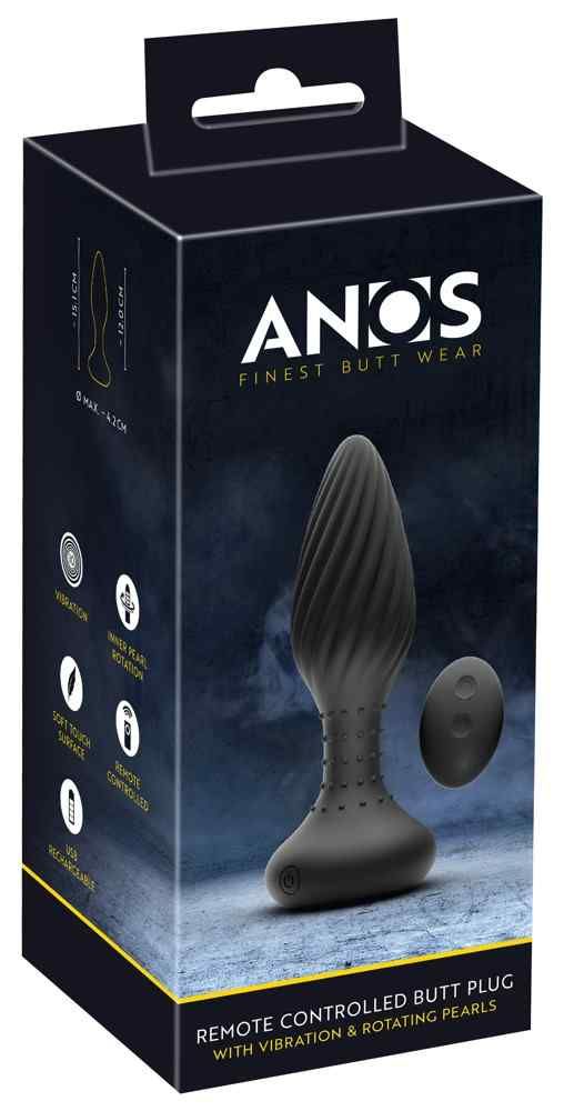 Schwarzer Anos RC Butt Plug in Verpackung. Mit Vibration und rotierenden Perlen. Auf der Verpackung sind Produktmerkmale abgebildet.