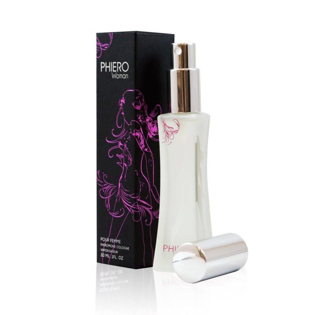 Pheromonparfüm-Flakon mit silbernem Zerstäuber und schwarzer Verpackung. Die Verpackung zeigt ein pinkfarbenes Design und den Schriftzug 'Phiero Woman'.