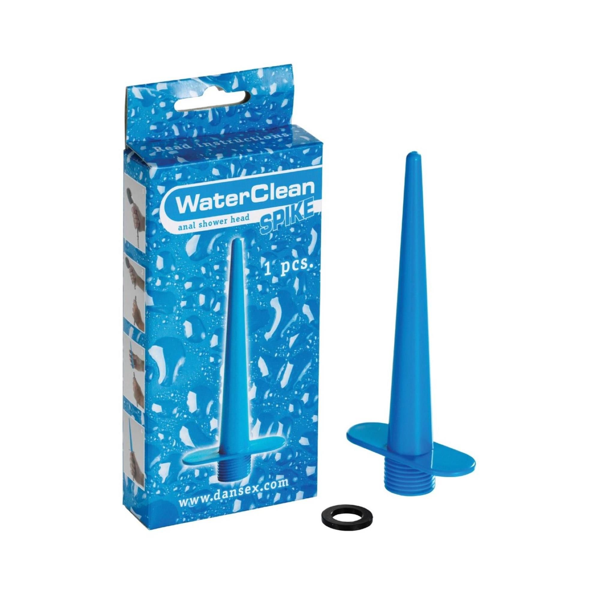 Blauer Duschkopf "Spike" mit Verpackung. Verpackung mit Produktname und Logo. Schwarzer Dichtungsring. Produktname: WaterClean anal shower head SPIKE.