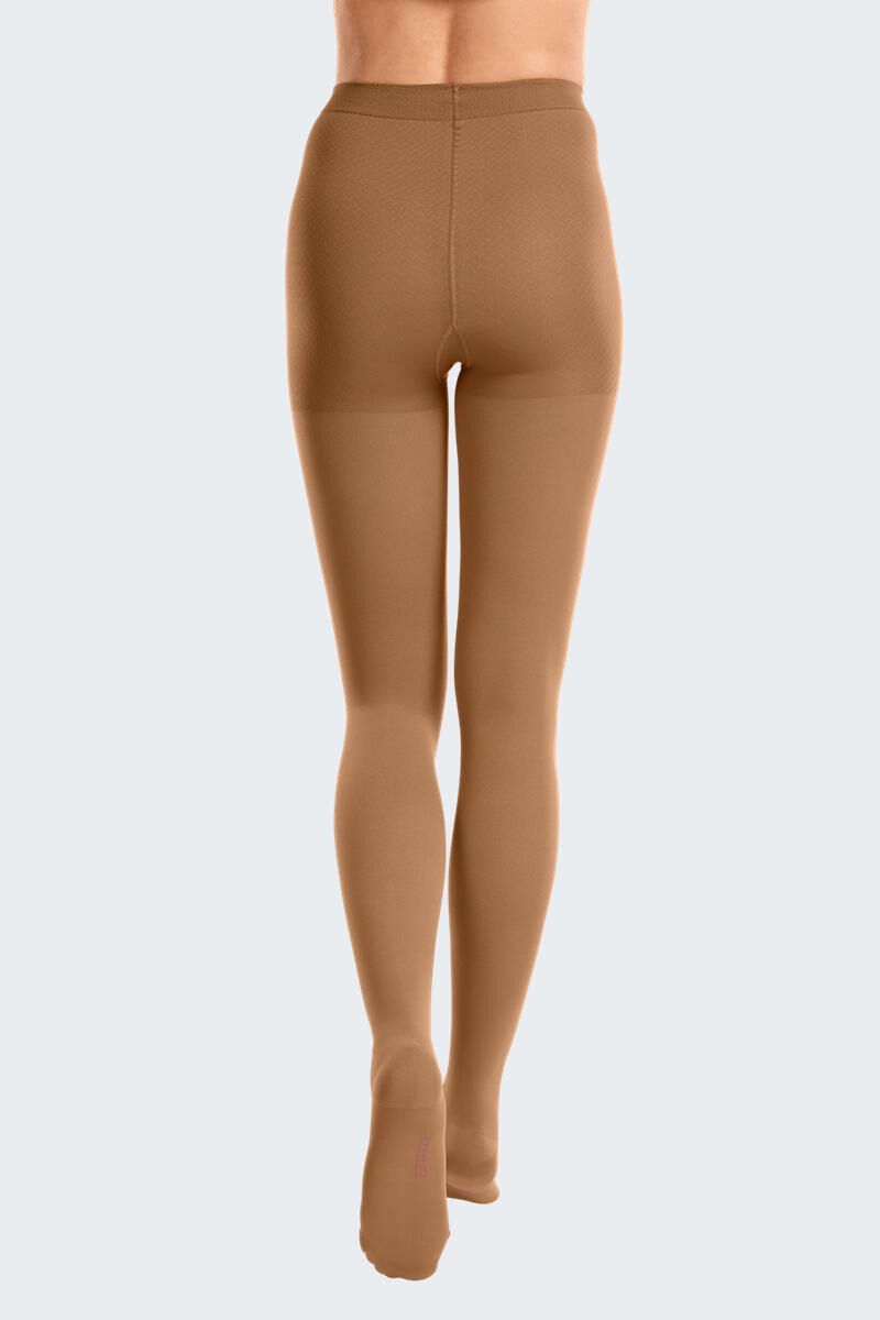 Hautfarbene Strumpfhose, Rückansicht. Beinbekleidung mit Fußteil, hoher Bund. Material scheint blickdicht.