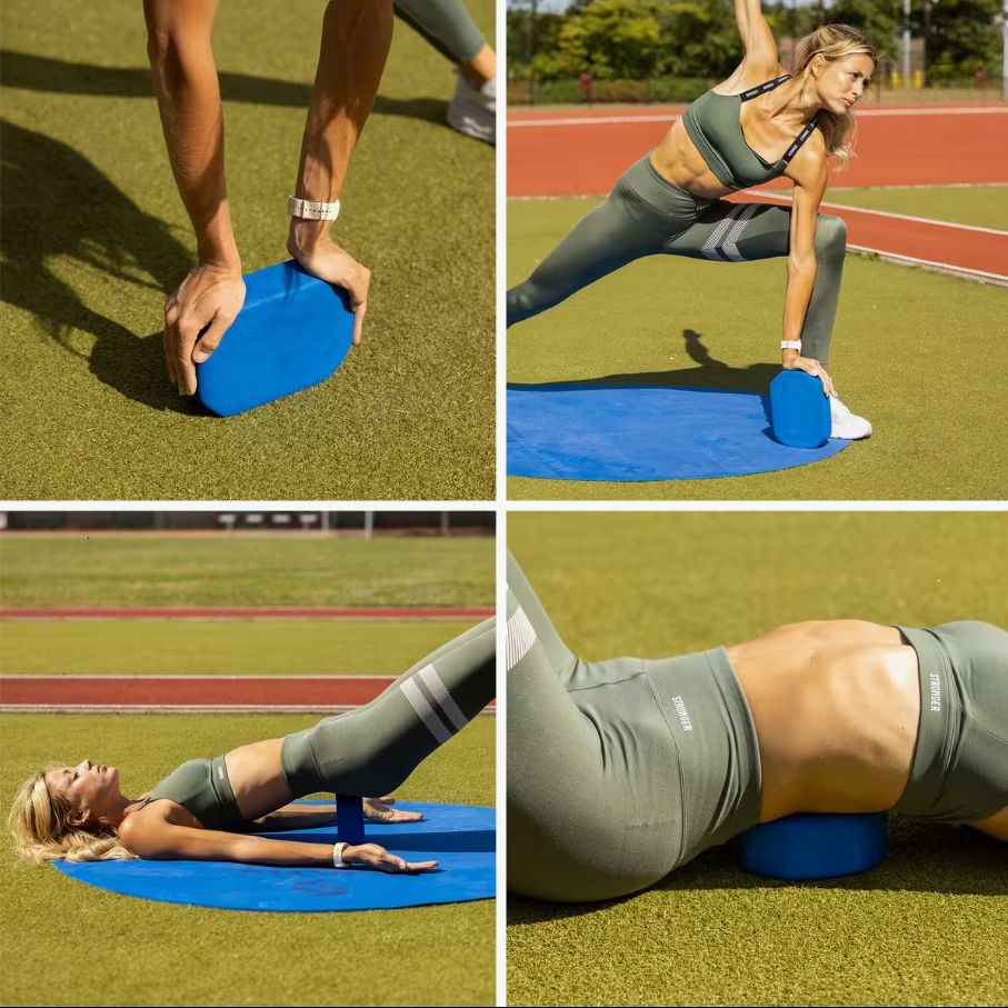 Blauer Yoga-Block aus Schaumstoff. Mehrere Ansichten: in Gebrauch, von Hand gehalten, als Unterstützung bei Yoga-Übungen.