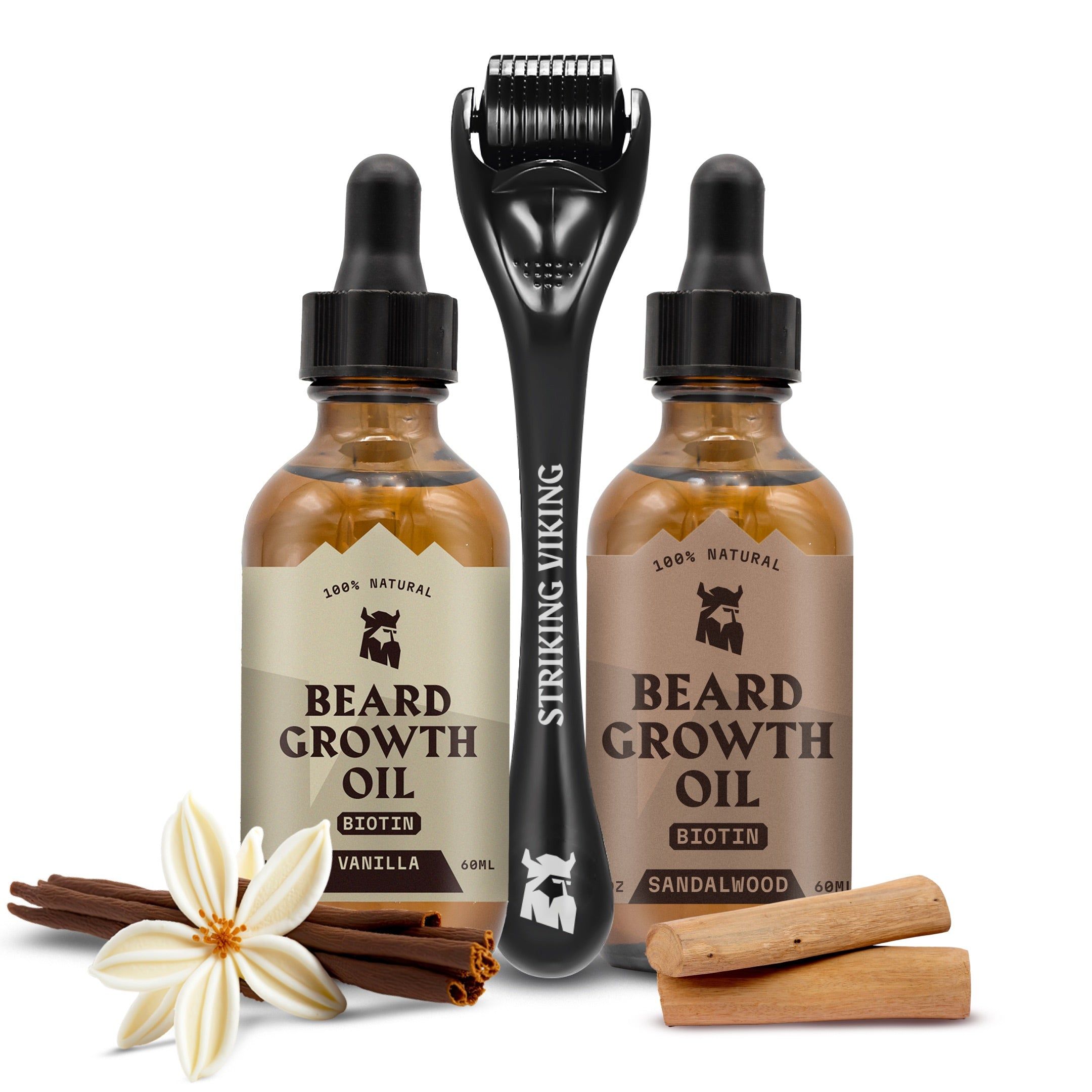 Zwei Flaschen Bartwuchsöl, Derma-Roller und Zubehör. Aufschrift: BEARD GROWTH OIL, BIOTIN, VANILLA, SANDALWOOD. Marke: STRIKING VIKING.