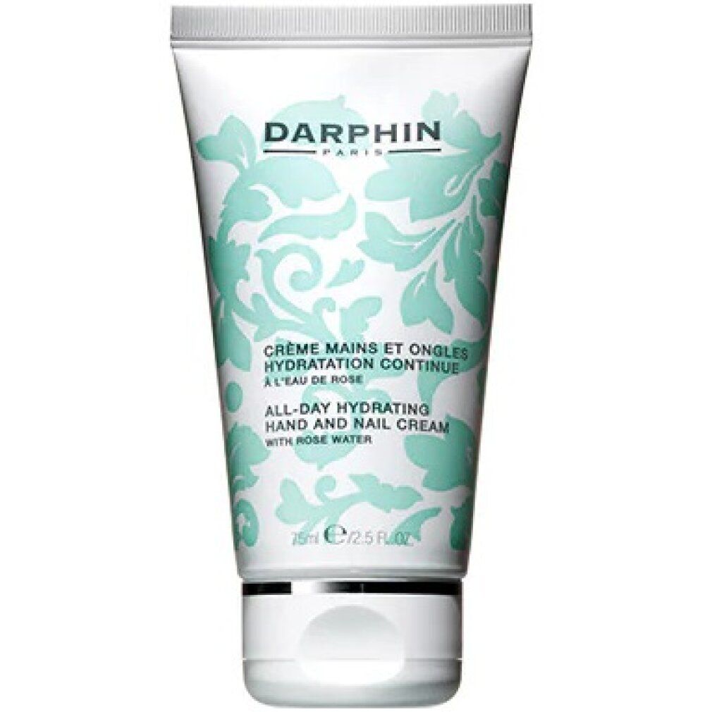 Weisse Tube mit Darphin-Logo und floralem Muster. Text: Crème Mains et Ongles, All-Day Hydrating Hand and Nail Cream.