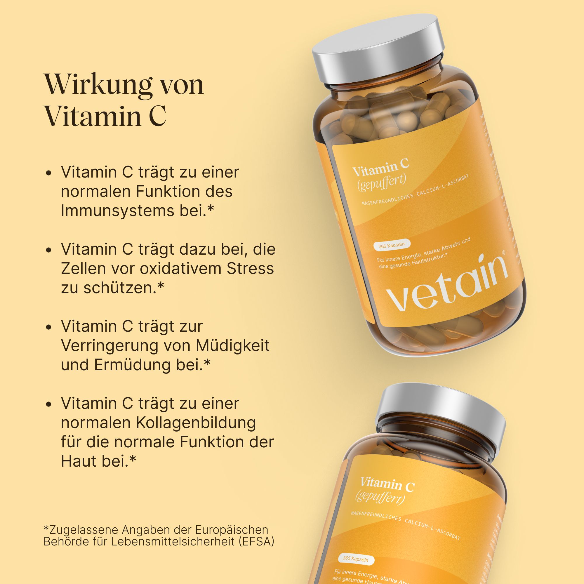 Zwei Braunglasflaschen mit Vitamin-C-Kapseln und silbernen Schraubverschlüssen. Gelbes Etikett mit "vetain" Logo.