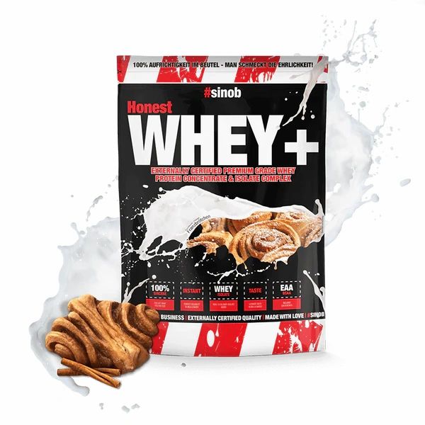 Whey+ Protein-Pulver-Beutel. Schwarzer Hintergrund mit weißem Schriftzug. Enthält Zimtschnecken-Abbildung. #sinob und Honest Whey+.