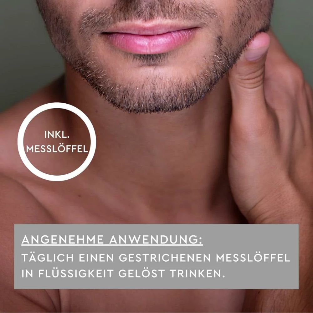 Mann berührt Kinn. Text: Angenehme Anwendung: Täglich einen gestrichenen Messlöffel in Flüssigkeit gelöst trinken. Inkl. Messlöffel.