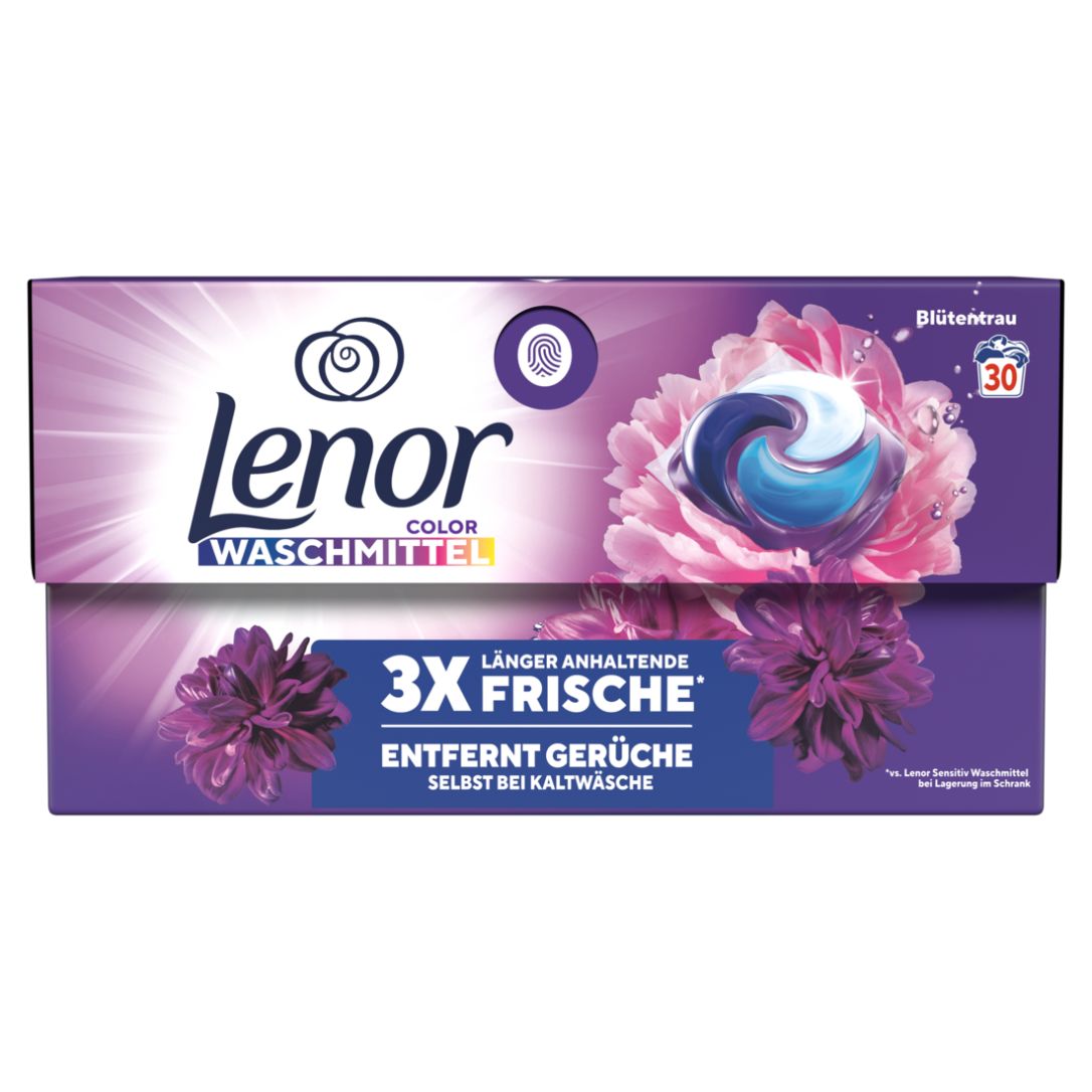 Verpackung von Lenor Color Waschmittel Pods. Lila und weiße Pods mit floralem Design. Enthält 30 Waschladungen.