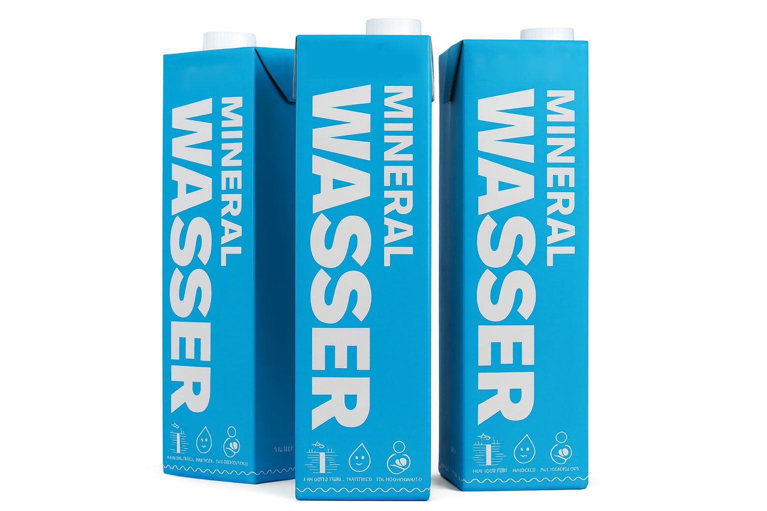 Drei blaue Kartonverpackungen mit weißem "MINERAL WASSER"-Schriftzug. Oben weißer Verschluss, unten Piktogramme.