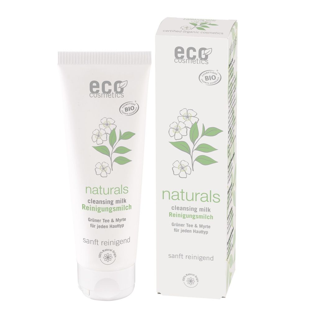 Weißer Tubenbehälter und Karton mit Produktinformationen. Aufschrift: naturals, Reinigungsmilch, sanft reinigend. Logo: eco cosmetics.