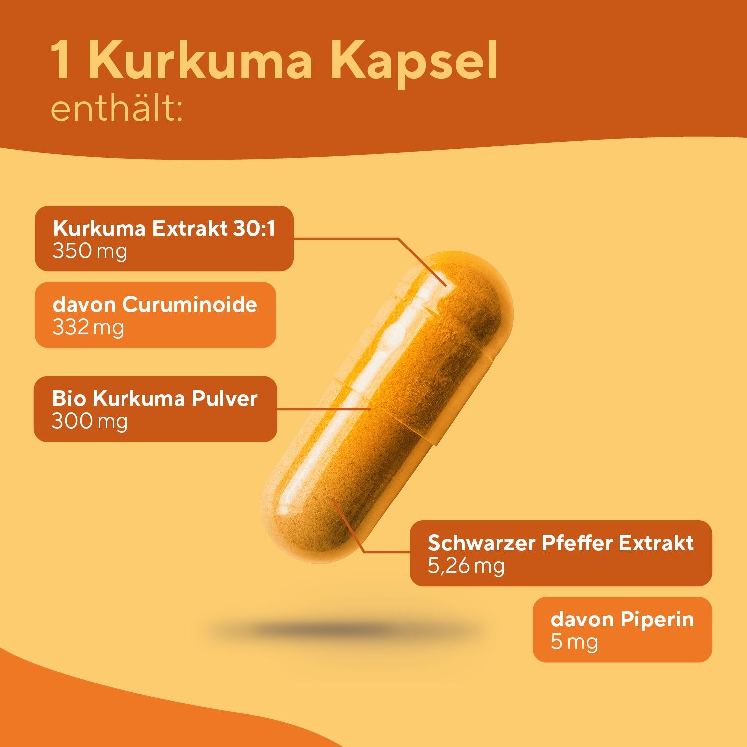Eine Kurkuma Kapsel auf orangefarbenem Hintergrund. Text: Kurkuma Extrakt 30:1, davon Curcuminoide, Bio Kurkuma Pulver, Schwarzer Pfeffer Extrakt, Piperin.