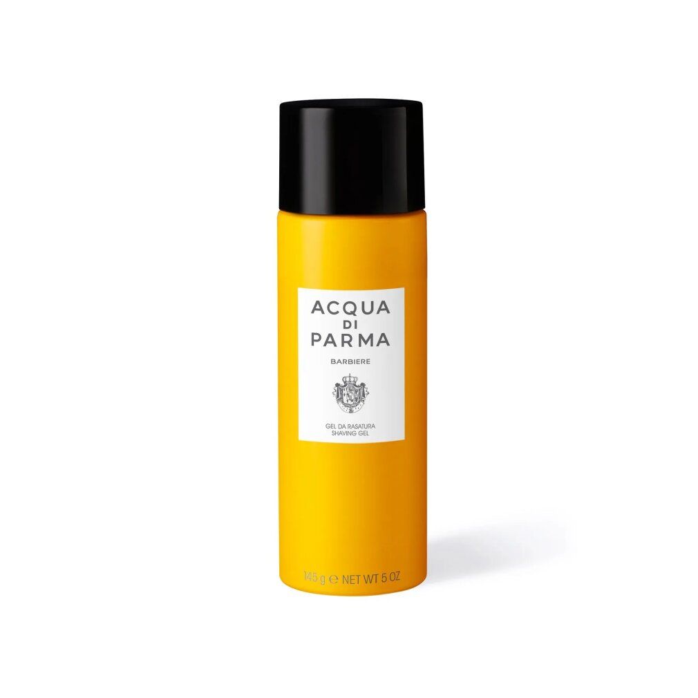 Gel-Rasierer-Flasche, gelb, schwarzer Deckel. "Acqua di Parma"-Logo und Text auf weißem Etikett.