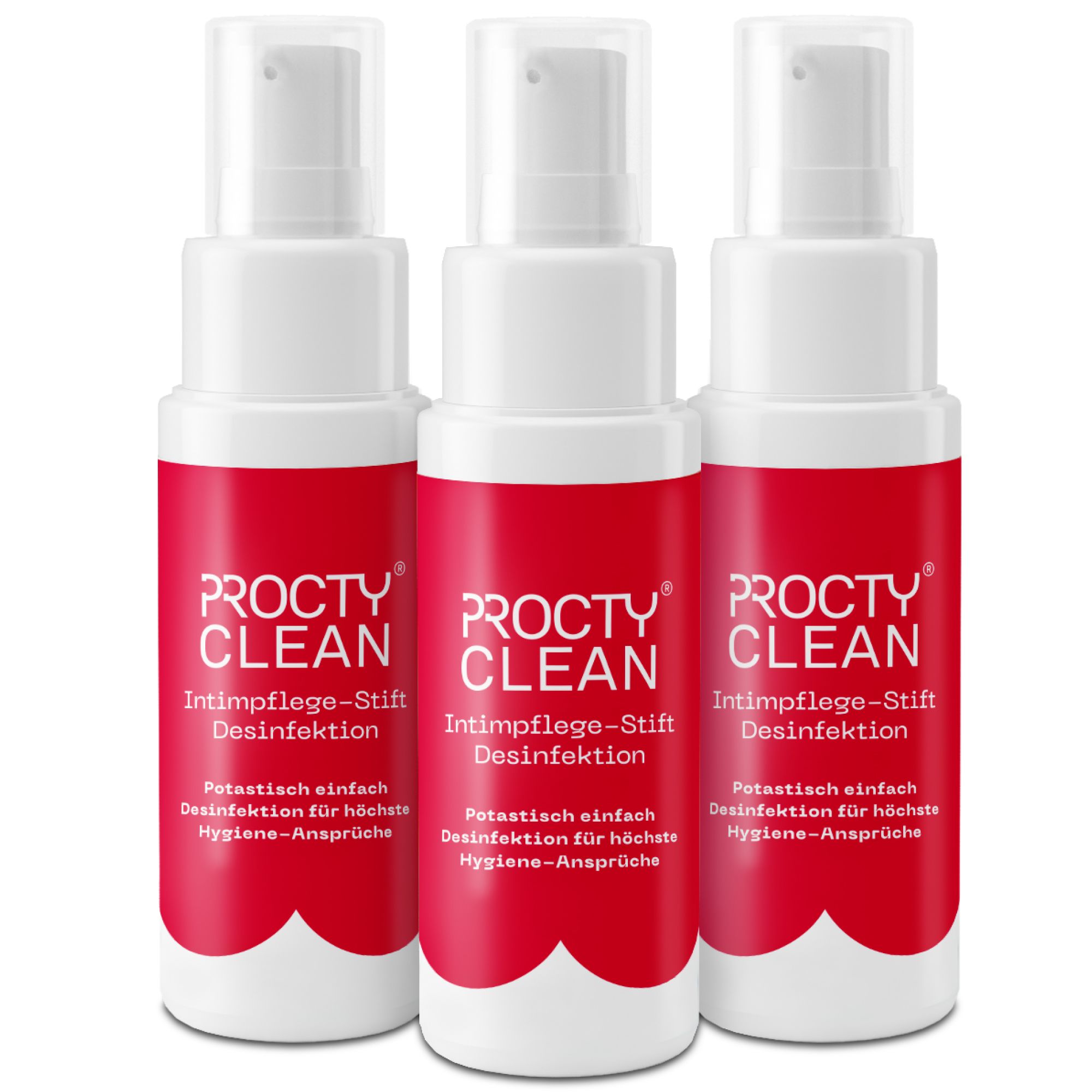 Drei Flaschen mit rotem Etikett und weißem Sprühkopf. Aufschrift: Procty Clean Intimpflege-Stift Desinfektion.