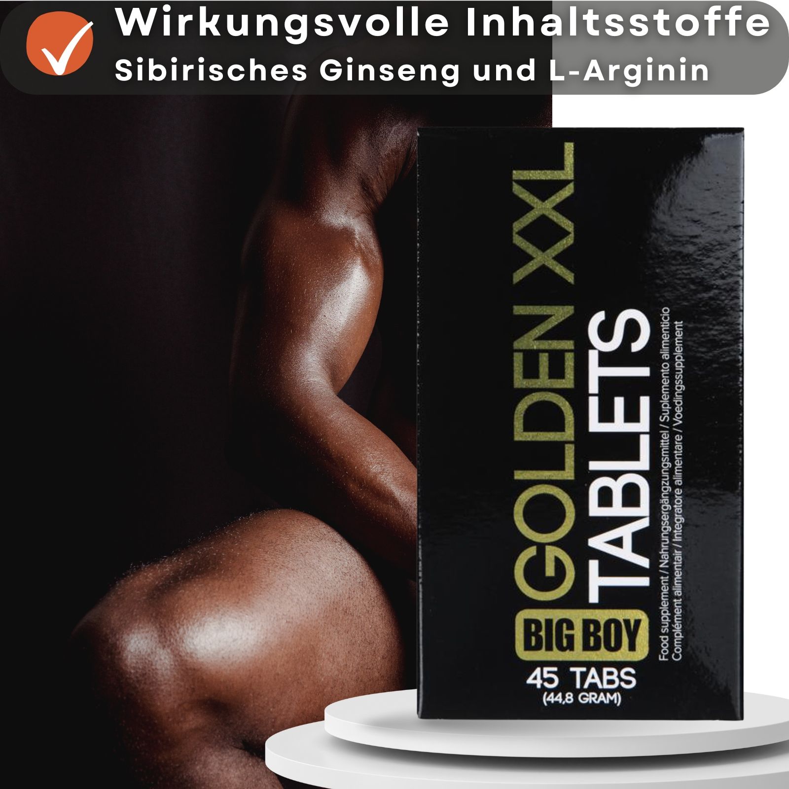 Tablettenbox und Mann. Text: Wirkungsvolle Inhaltsstoffe, Sibirischer Ginseng und L-Arginin. GOLDEN XXL TABLETS, BIG BOY.