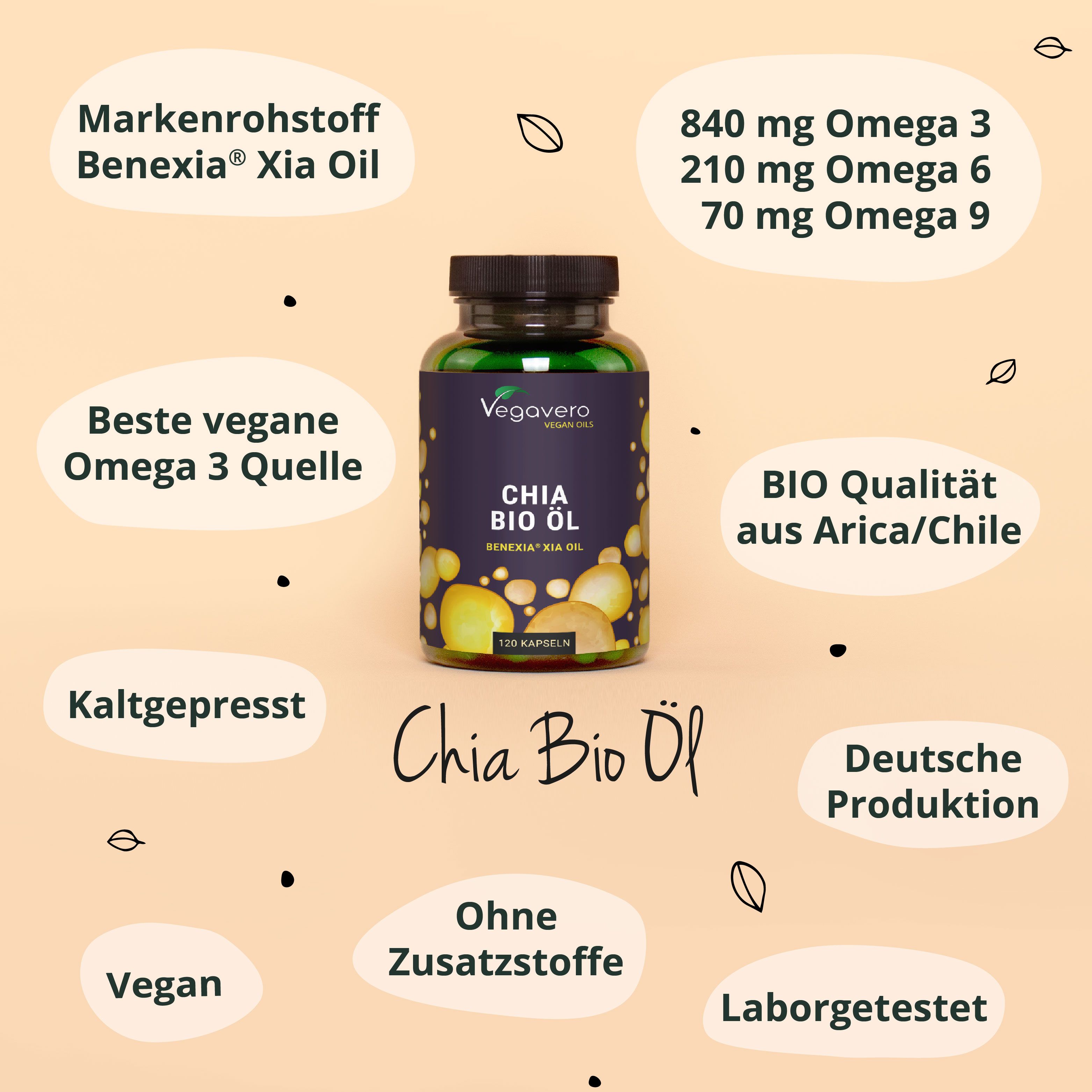 Produkt mit Informationen. Chia Bio Öl. Omega 3, 6, 9. BIO Qualität. Ohne Zusatzstoffe. Vegan.