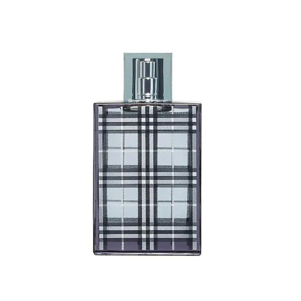 Rechteckiger Flakon mit kariertem Muster. Silberner Sprühkopf. Hellblauer Deckel. Burberry Brit for Him Edt Spray.