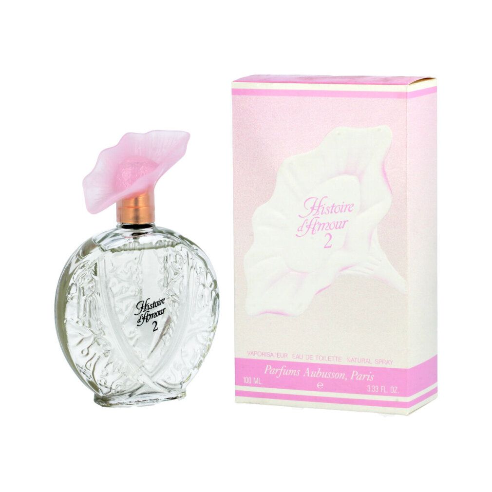 Runder Glasflakon mit rosa Blütenverschluss und Verpackung. Aufschrift: Histoire Amour 2. Rosa und weißes Design.