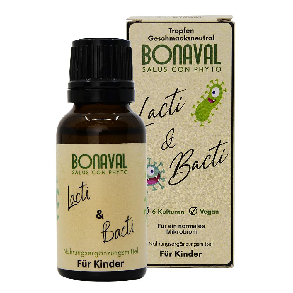 Braune Tropfenflasche mit Karton. BONAVAL Lacti & Bacti, Nahrungsergänzungsmittel für Kinder. Enthält 6 Kulturen, vegan.