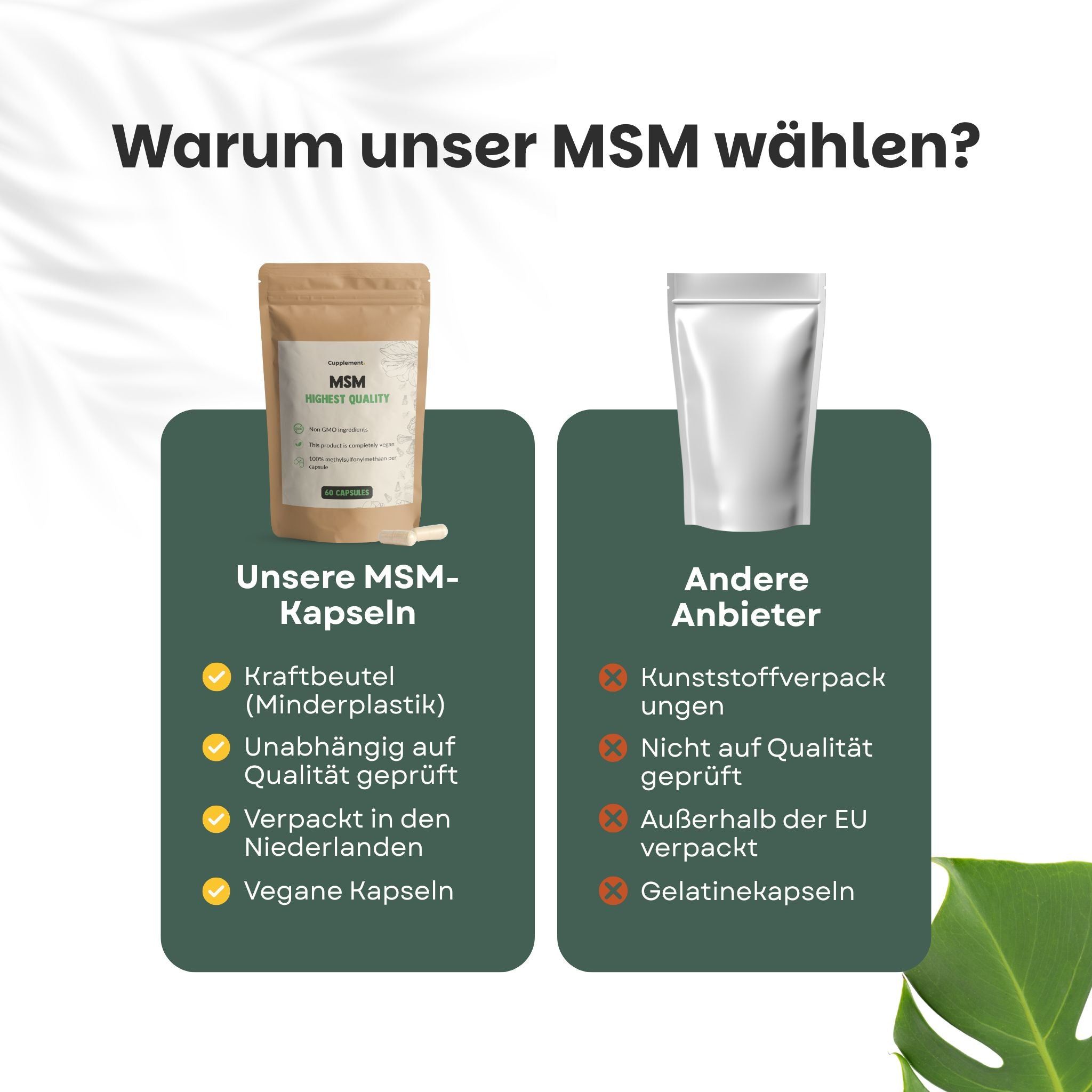 Vergleich von MSM-Kapseln und anderen Anbietern. Text: Vegane Kapseln, ohne Gelatine.
