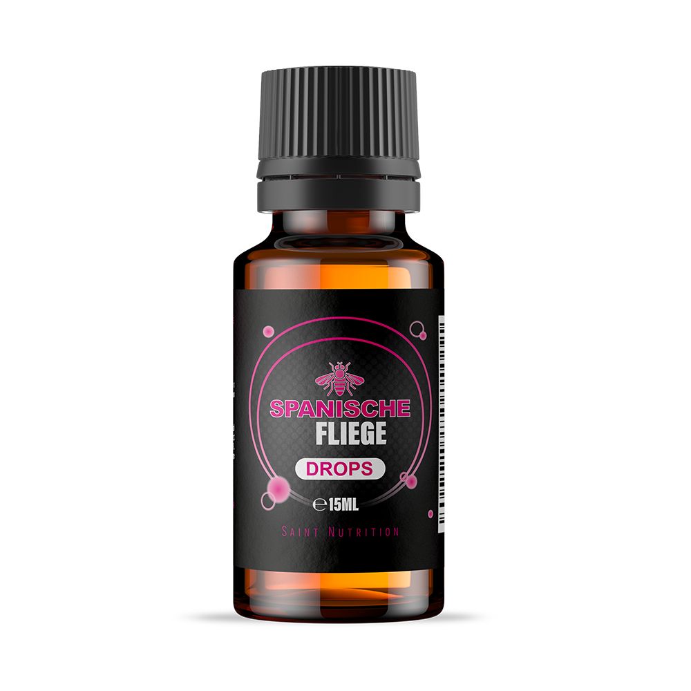 Braune Glasflasche mit schwarzem Deckel. Etikett mit rosa Schriftzug "Spanische Fliege Drops".