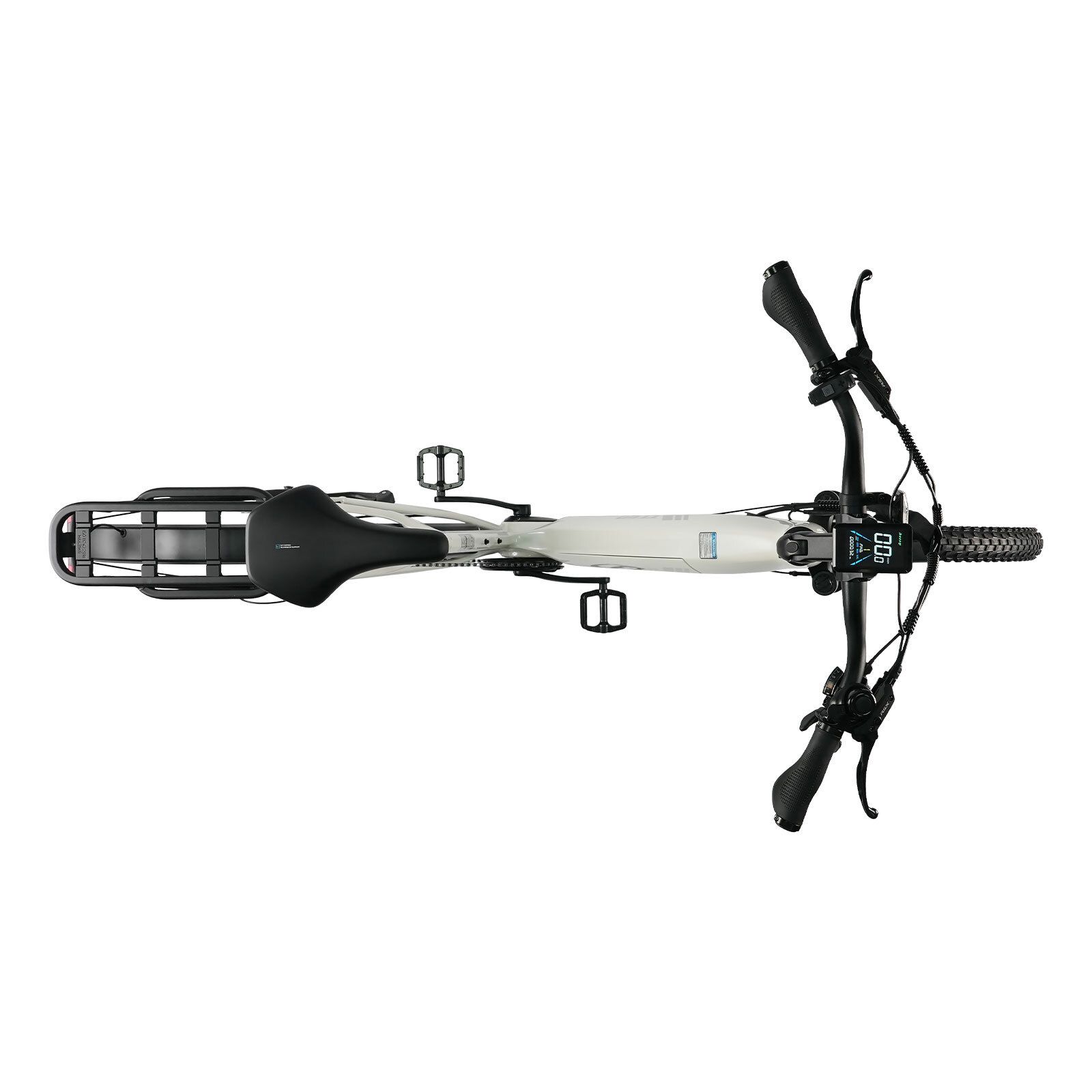 Draufsicht auf ein weißes Elektrofahrrad. Lenker, Sattel, Gepäckträger und Pedale sind sichtbar. Schwarze Details.