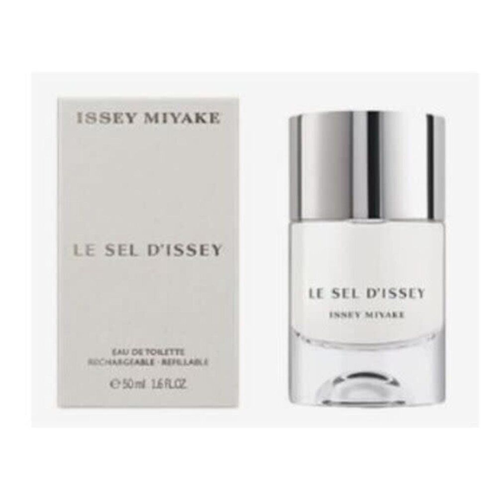 Parfümflakon und rechteckige Verpackung. Aufschrift: ISSEY MIYAKE, LE SEL D'ISSEY. Flakon: 50ml, Eau de Toilette.